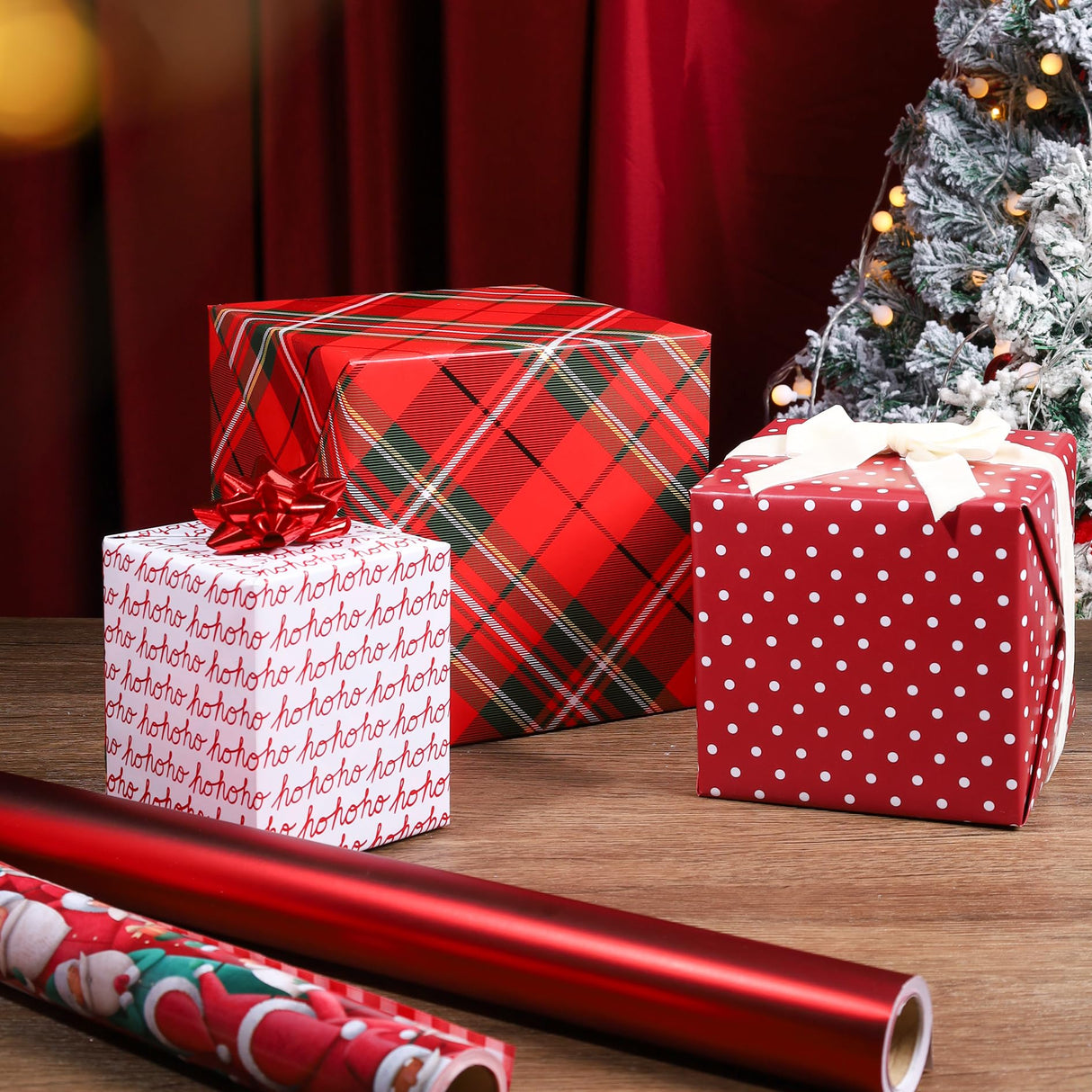 BIOBROWN Reversible Christmas Wrapping Paper - 17 Inch X 33 Feet (46.7 sq. ft. ttl.) - Red Tartan Plaid and HOHO Design Perfect for Xmas, Party, Holiday Gift Wrap BIOBROWN