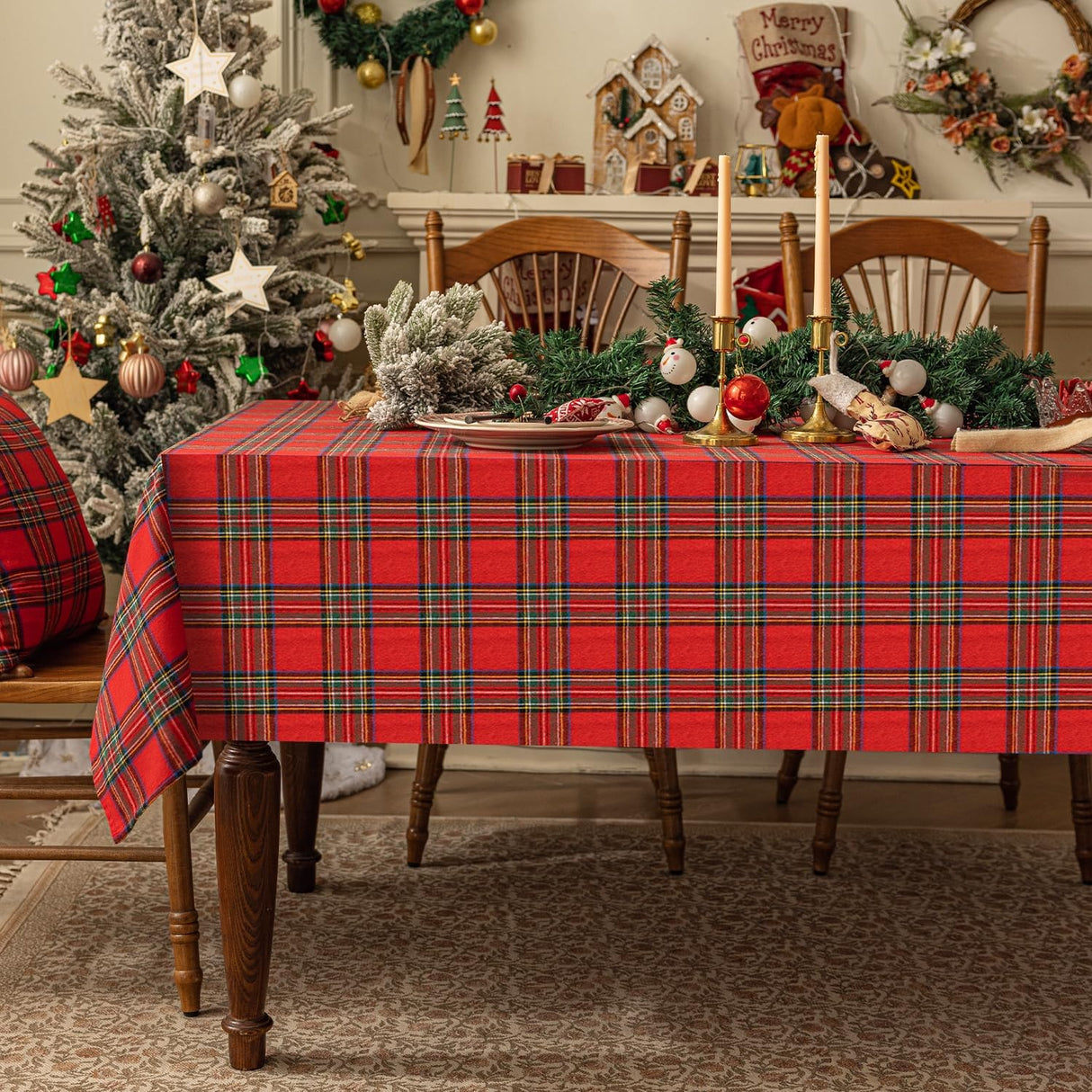 Softalker Christmas Checkered Tablecloth Rectangle - Red Buffalo Plaid Linen Cotton Gingham Xmas Table Cloths, Winter Farmhouse Table Decorations for Dining/Parties/Holiday, 54 x 80 Inch Softalker