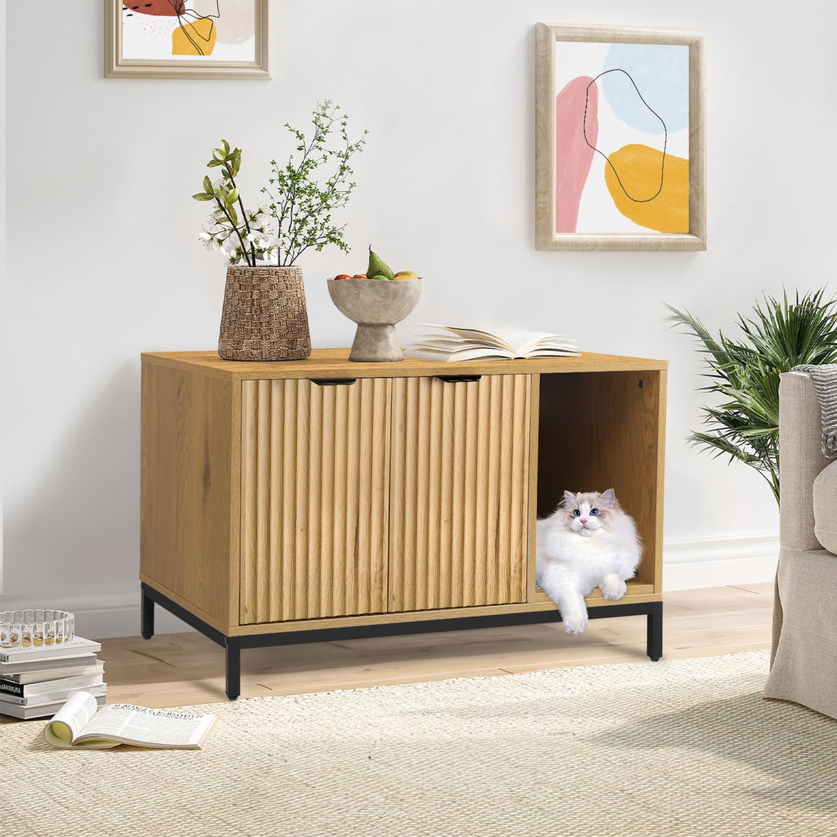 QuicMiou Cat Litter Box Enclosure, Hidden Litter Box Furniture with Metal Legs, Side End Table Indoor Washroom Cat House Storage Cabinet 31.5 x 19.7 x 20.6 Inches (Natural Oak) QuicMiou