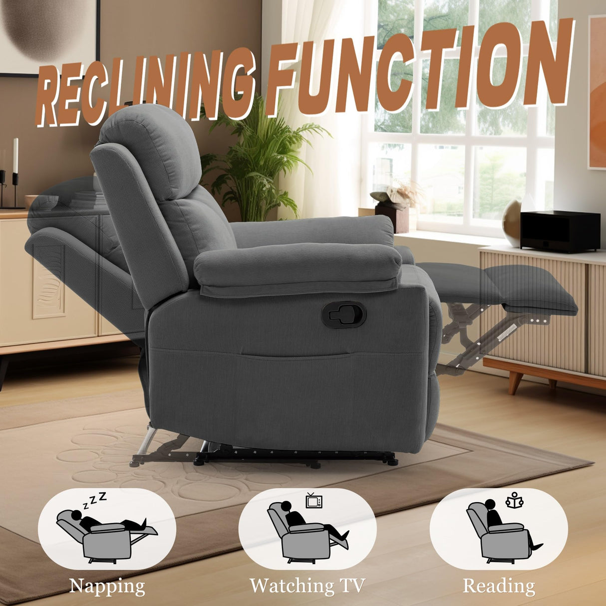 Korser Recliner Chair, Small Recliners for Small Spaces, Upholstered Manual Recliner with Side Pockets, Comfy Corduroy Chairs for Living Room, Bedroom, Reading, Grey Korser