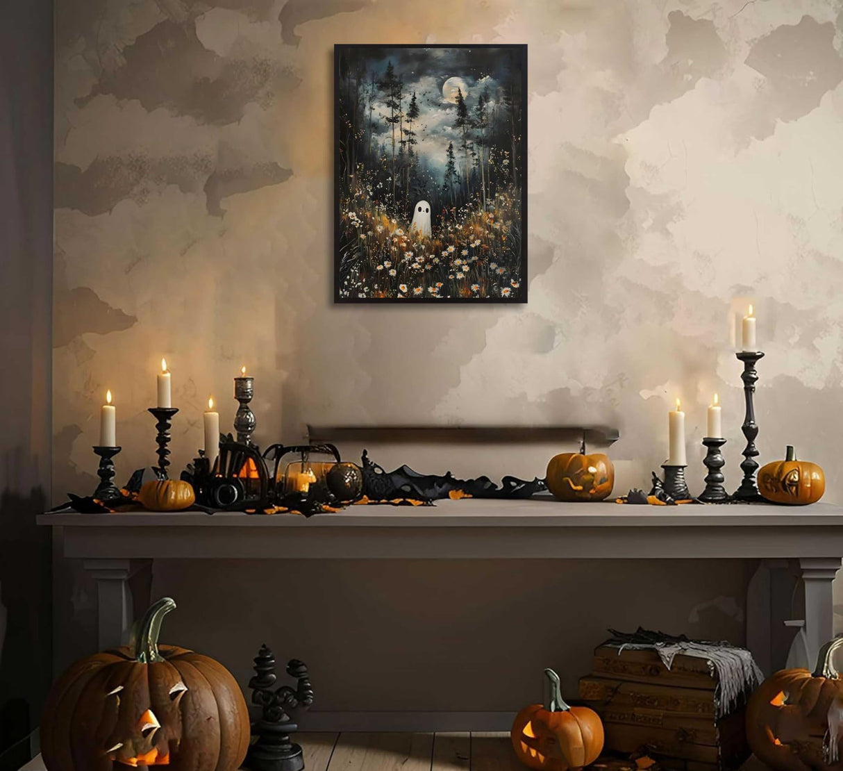 Halloween Whimsical Ghost Paint by Number Kit, 16x20inch Moonlit Forest Floral Meadow DIY Painting for Adults and Kids Art Craft Supplies Frameless Generic