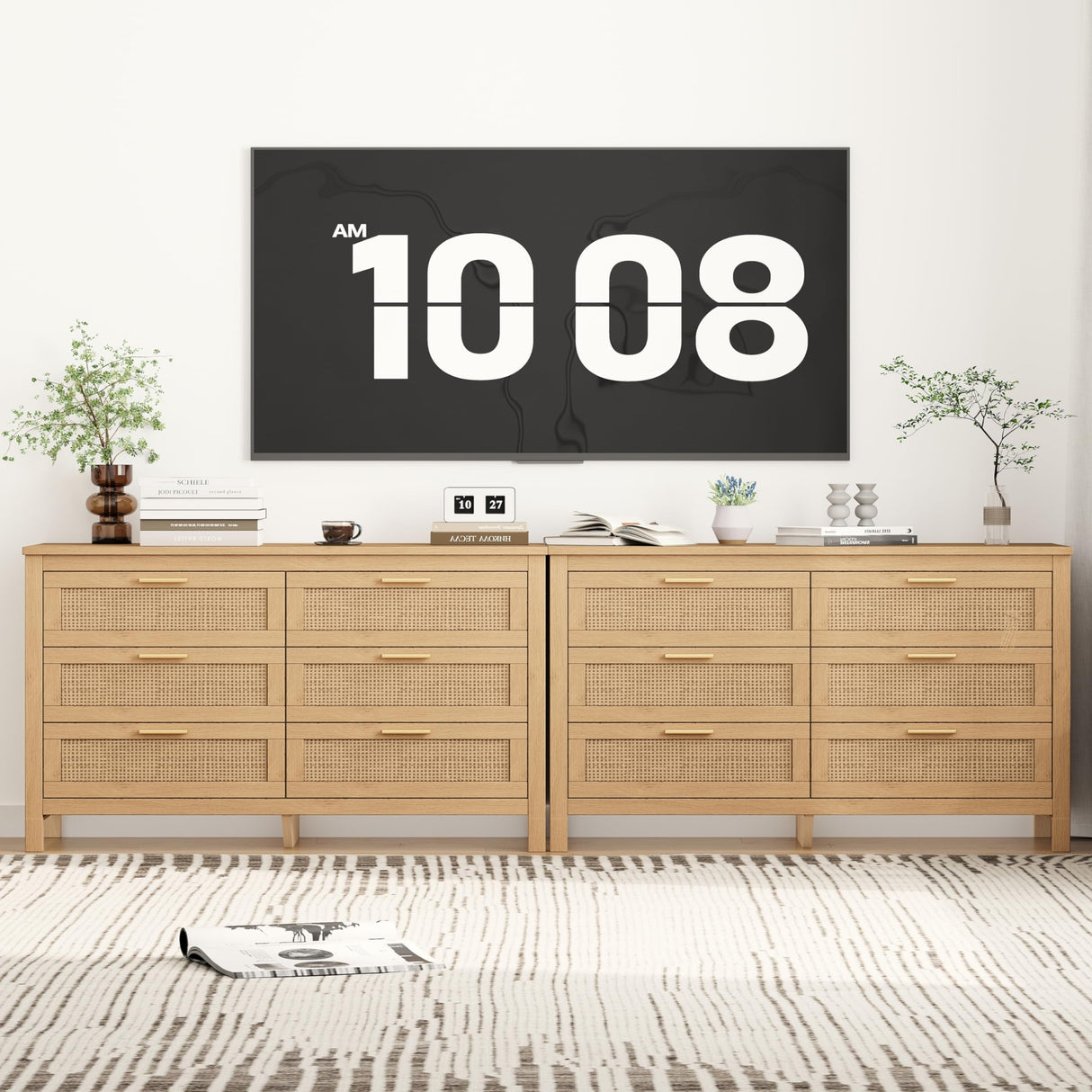 Keehusux Rattan 6 Drawer Dresser for Bedroom, Wooden Storage Chest of Drawers with Metal Handles, Double Dresser Chest for Living Room, Entryway, Natural KES002MDG Keehusux