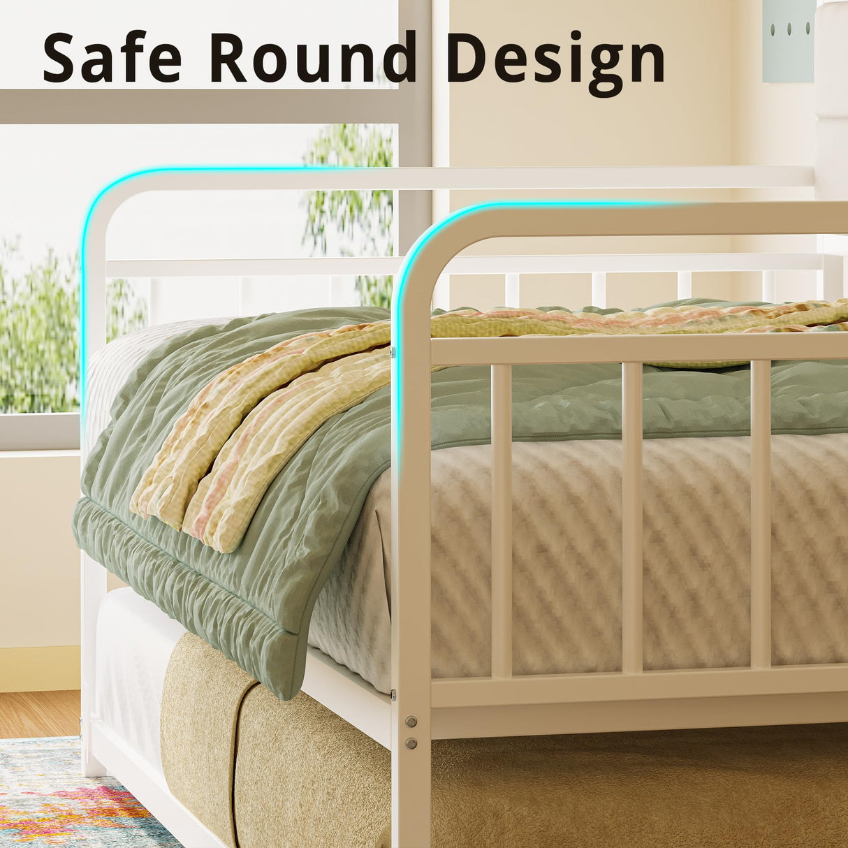 LIKIMIO Daybed with Trundle, Sturdy Metal Twin Bed Frame with Upholstered Headboard and Charging Station for Living Room, Bedroom and Guest Room, White LIKIMIO