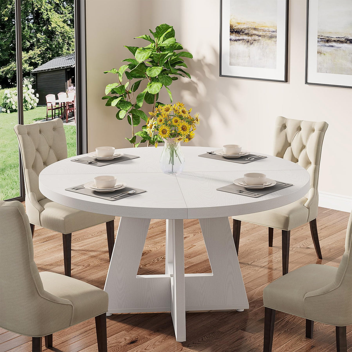 Tribesigns Round Dining Table Wood Kitchen Table for Dining Room, 47 in Dinning Room Tables for 4-6, Circle Dinner Table with Wooden Tabletop and Cross Base for Kitchen, White Tribesigns