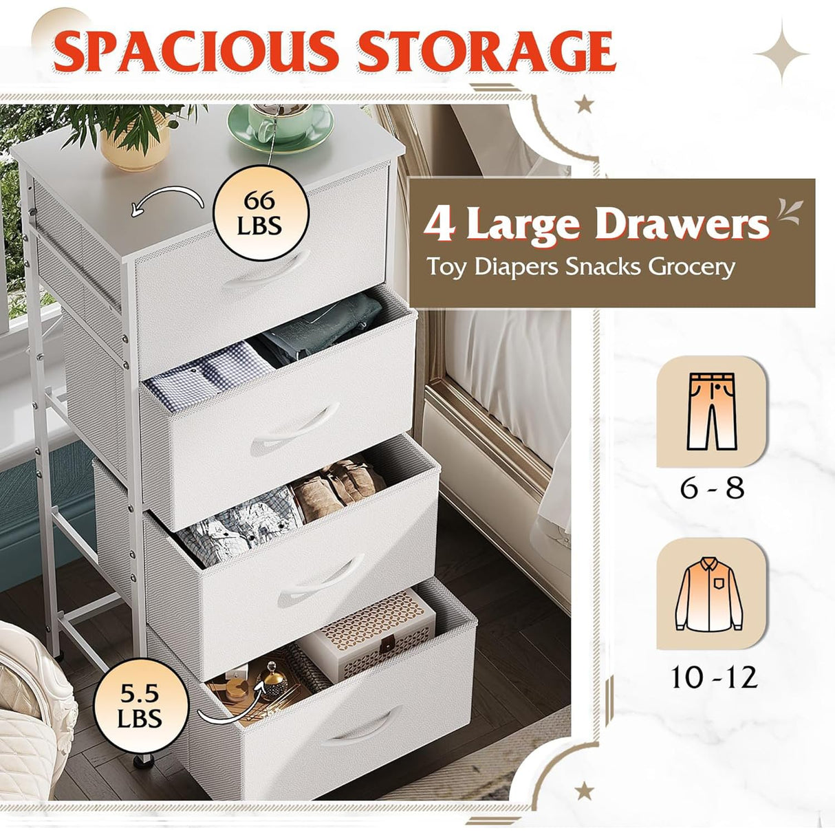 WLIVE Dresser with 4 Drawers, Storage Tower, Organizer Unit, Fabric Dresser for Bedroom, Hallway, Entryway, Closets, Sturdy Steel Frame, Wood Top, Easy Pull Handle, White WLIVE