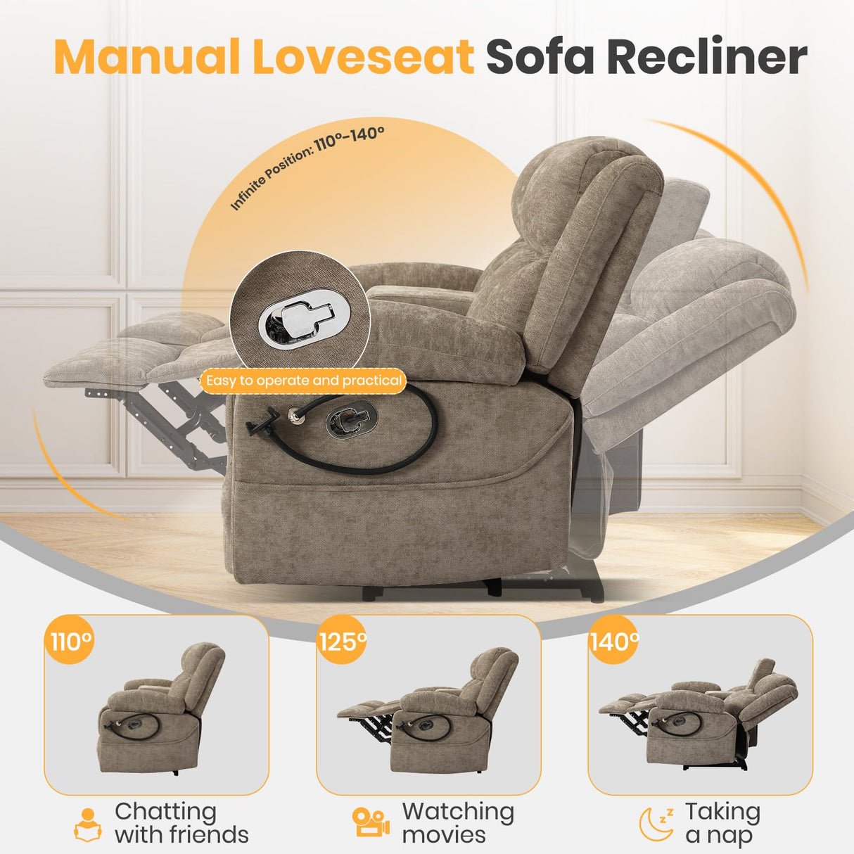 RIHEREFY Loveseat Recliner Sofa, Reclining Loveseat with Console, RV Wall Hugger Double Loveseat Recliner Couch for Living Room & Home Theater (Chenille-Camel) RIHEREFY