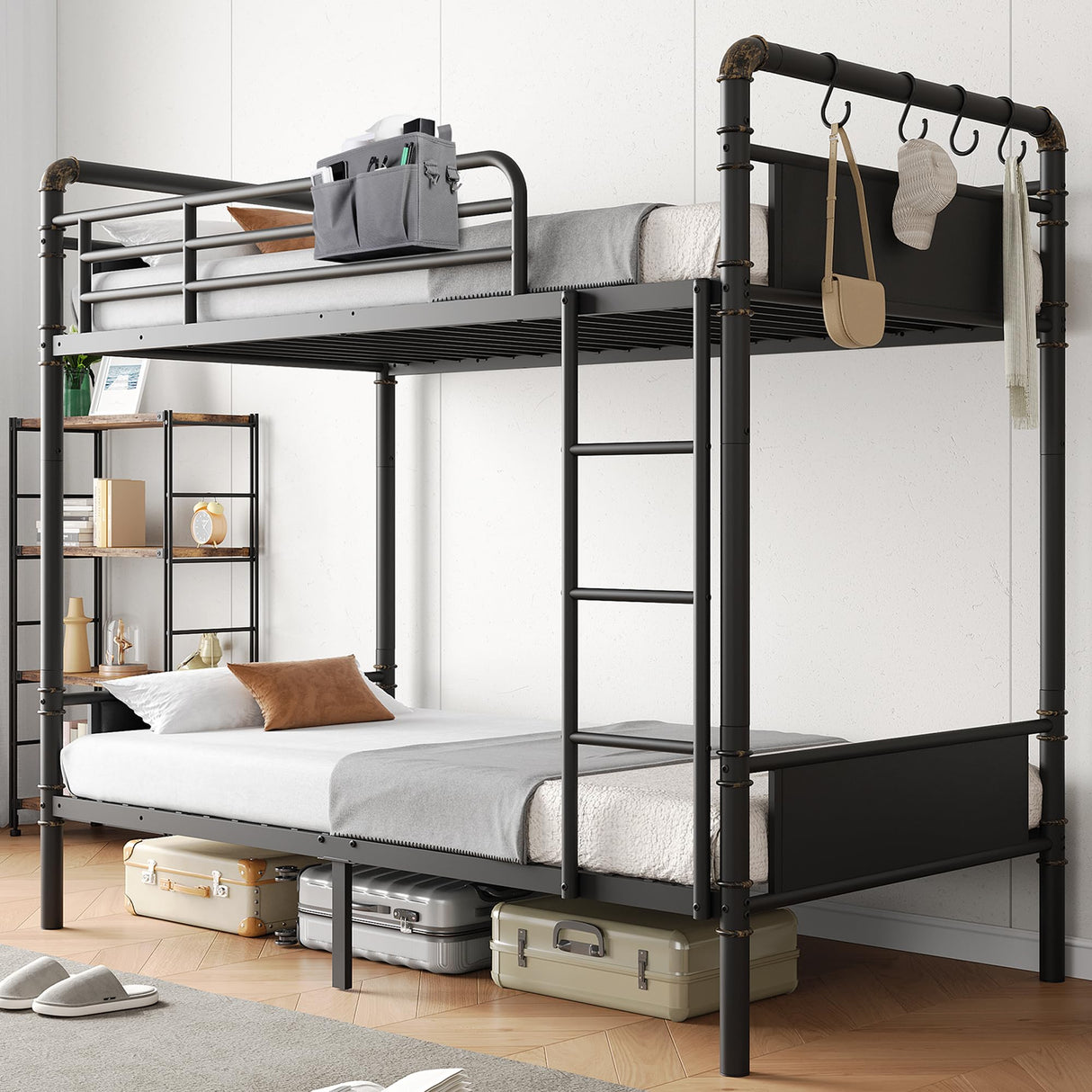 Jocoevol Bunk Bed Twin Over Twin, Heavy Duty Metal Bunkbeds with Ladder and Full-Length Guardrail, Convertible into 2 Individual Beds for Kids, Teens and Adults, Under-Bed Storage Space, Black Jocoevol