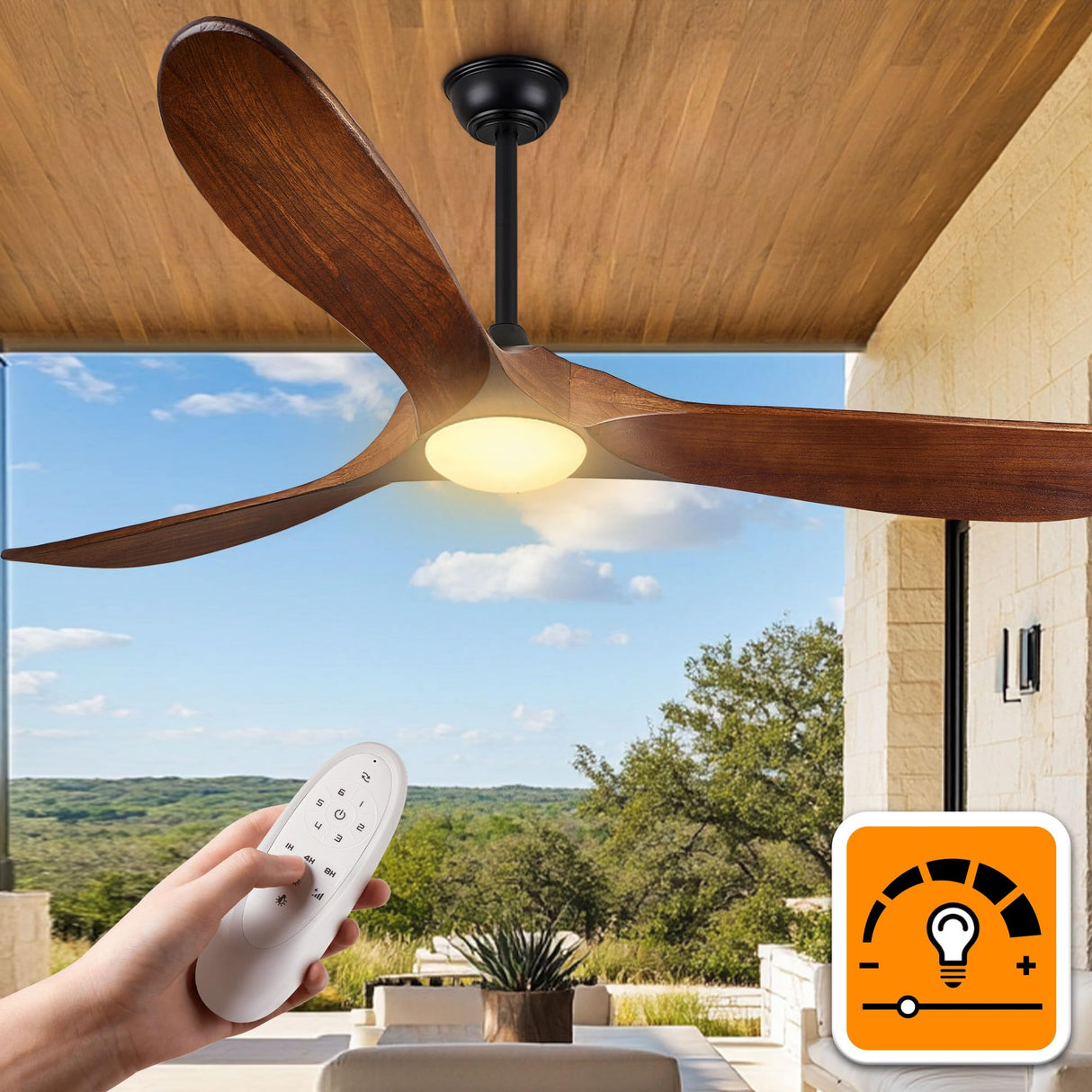 Haipeel 52 Inch Outdoor Ceiling Fans with Lights, Dimmable Solid Wood Ceiling Fan with Light and Remote Control Modern 3 Blades Propeller Ceiling Fans DC Motor for Patios Indoor Bedroom, Dark Walnut Haipeel