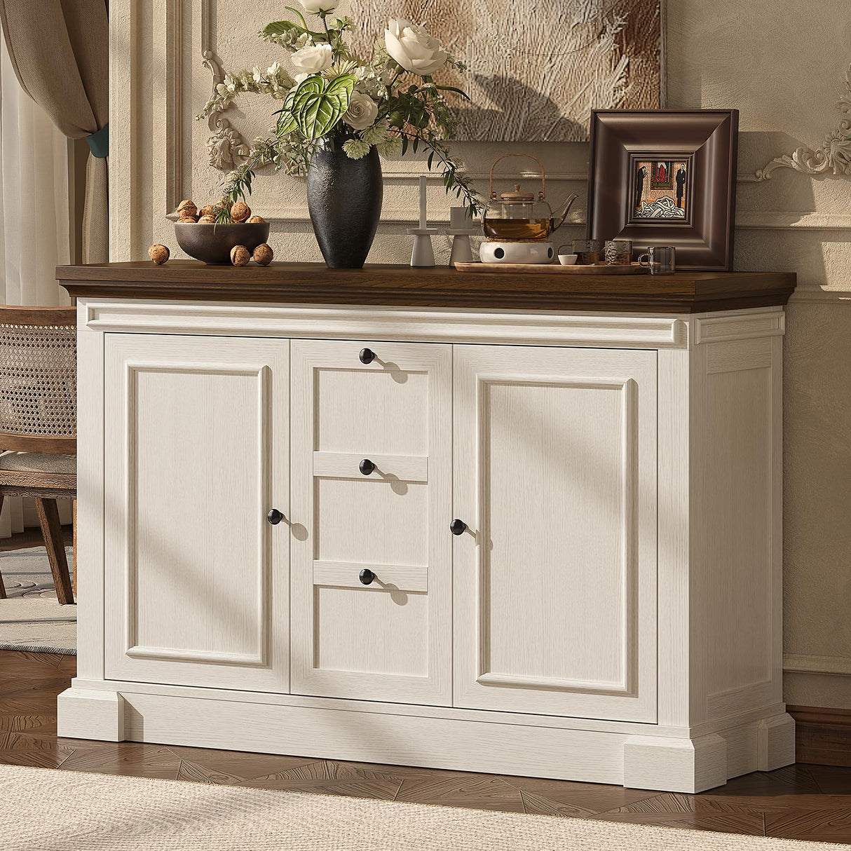 48 Inches Buffet Cabinet with Storage, 34" Tall Farmhouse Sideboard Buffet with 3 Drawers and 2 Doors, Wood Coffee Bar Cabinet with Adjustable Shelves, Credenza for Kitchen, Living Room, Antique White ONBRILL