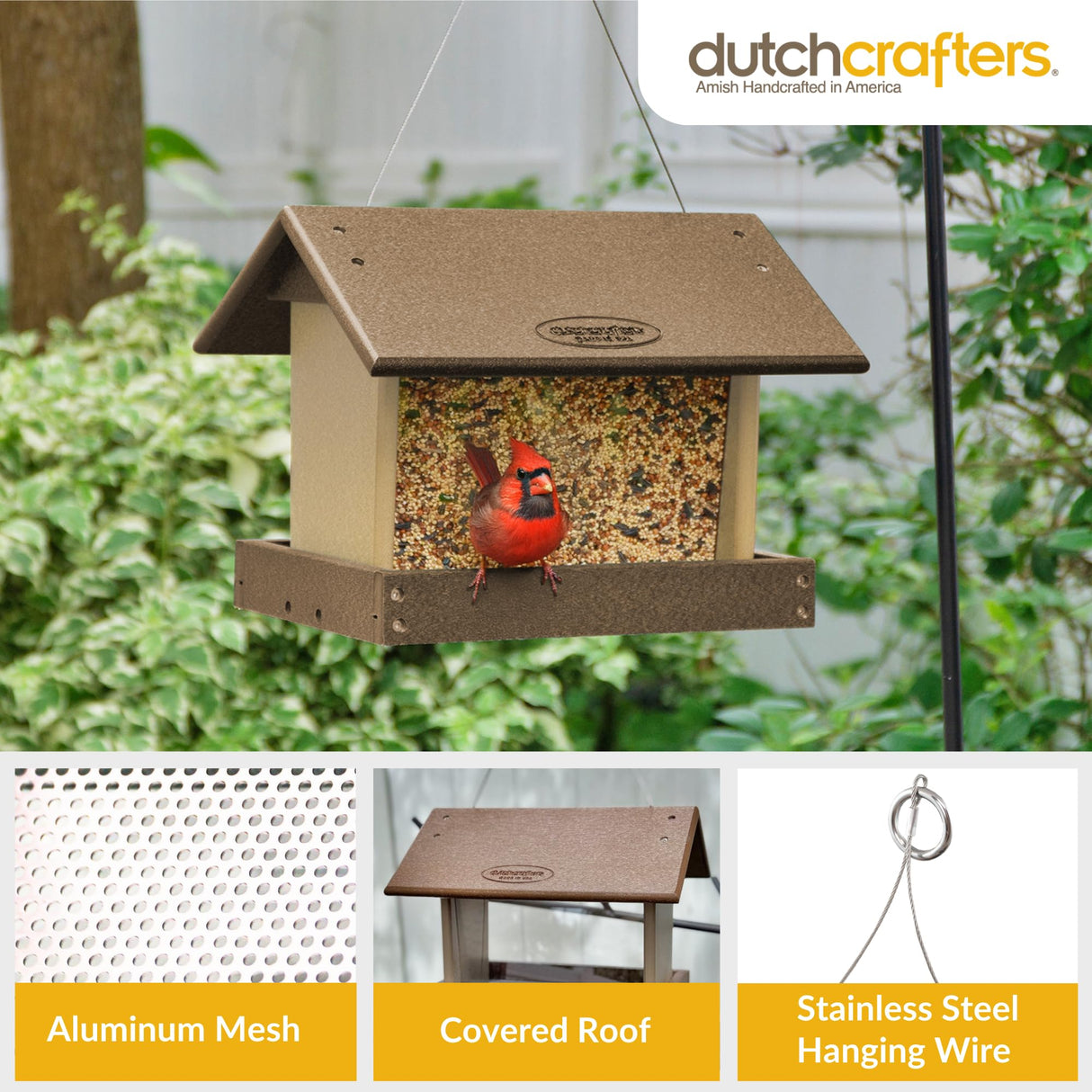 DutchCrafters Poly Hanging Hopper Bird Feeder, Large Hanging Bird Feeder for Outside, Outdoors - Amish American Made (Tudor Brown & Weatherwood) DutchCrafters