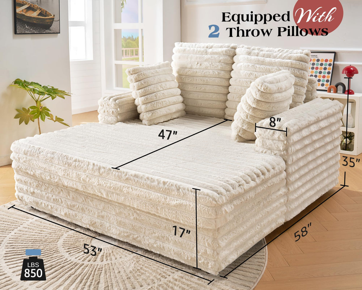 VanAcc 53 Inch Chaise Lounge Indoor, Upholstered Sofa Bed with Throw Pillows and Armrests, Sleeper Chair- Plush Chair Bed for Living Room, Off-White VanAcc