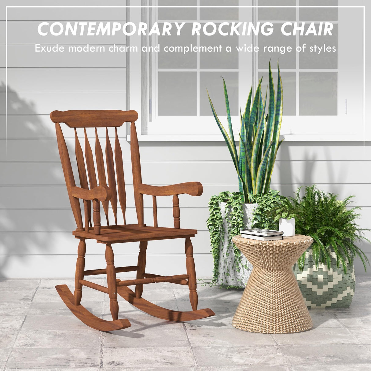 Outsunny Outdoor Wood Rocking Chair, 350 lbs. Porch Rocker with High Back for Garden, Patio, Balcony, Teak Outsunny