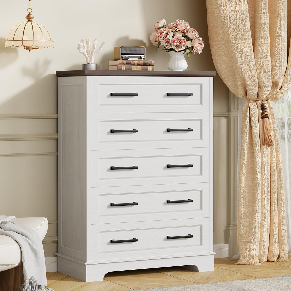 Furmax Farmhouse Dresser for Bedroom, 5 Drawers Dresser, Wood Chest of Drawers, 31.5" Wide Storage Dressers Organizer for Bedroom, Living Room (White and Brown) Furmax