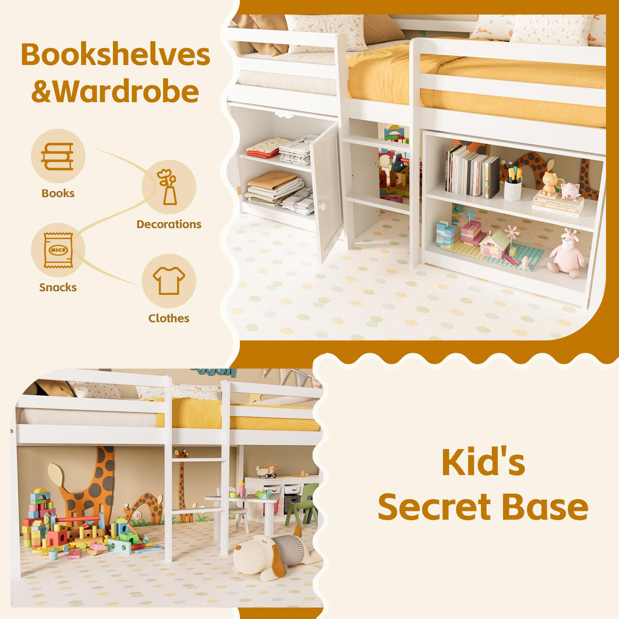 TOLEAD Kids Loft Bed, Twin Loft Bed with Lights, Toddler Loft Bed with 14" H Safety Guardrail, Low Loft Bed with Storage Bookcase and Under-Bed Play Space, Modern Low Loft Beds for Boys Girls (White) TOLEAD