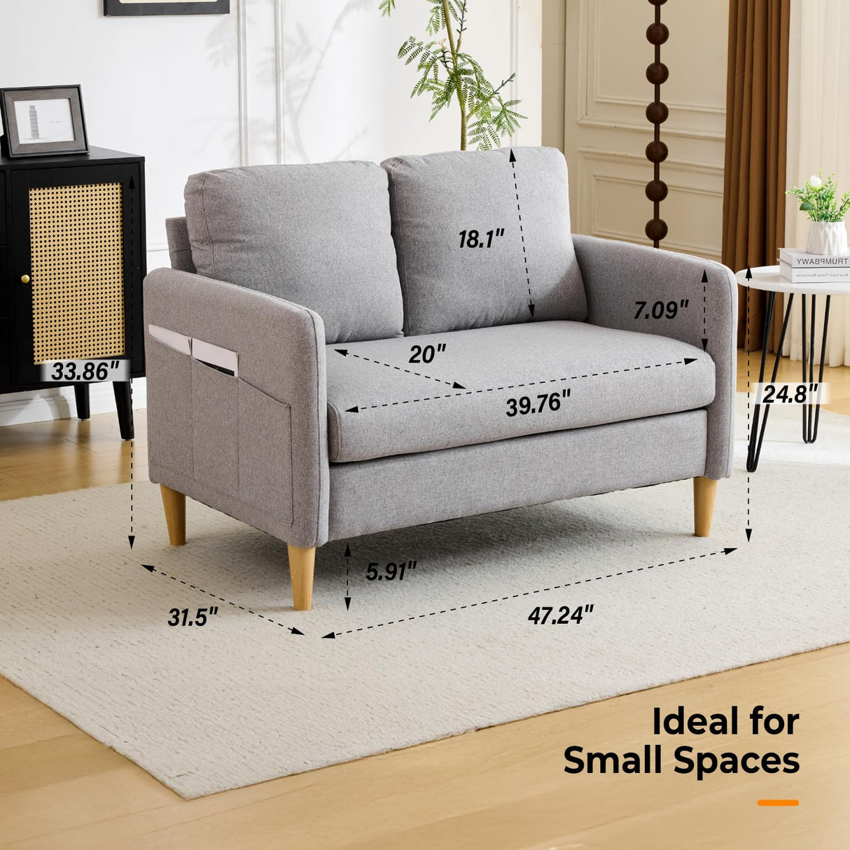 VINGLI 47" Small Couch, Linen Loveseat Sofa Light Grey Mini Couch Mid Century Modern Decor Love Seat for Small Spaces Living Room, Bedroom, Play Room VINGLI