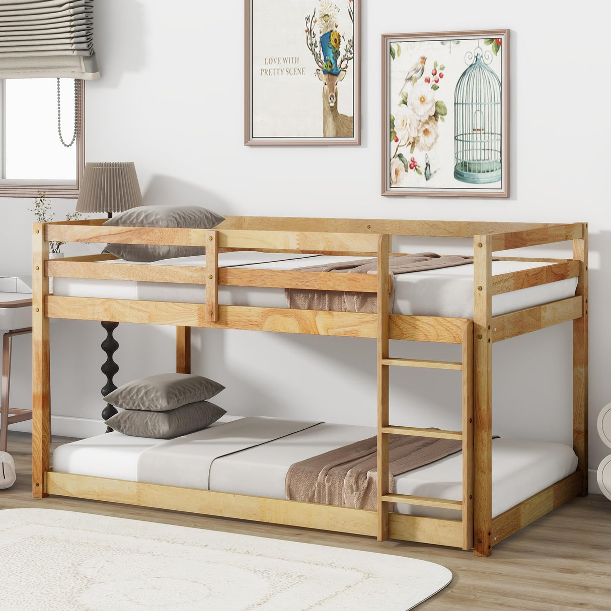 Low Bunk Beds Twin Over Twin Floor Bunk Bed Frame Junior Loft Bed for Kids Boys Girls Teens, Natural Bellemave