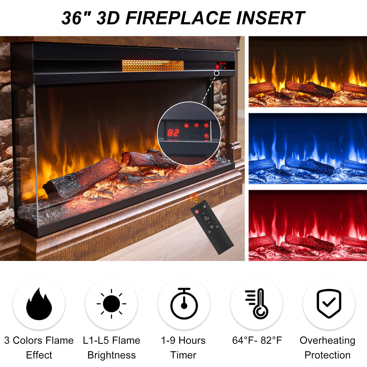 OKD 52" Electric Fireplace with Mantel, Freestanding Fireplace Heater TV Stand with 36" 3-Side Glass Insert for TVs Up to 65" with Storage Cabinet for Living Room, Reclaimed Barnwood OKD