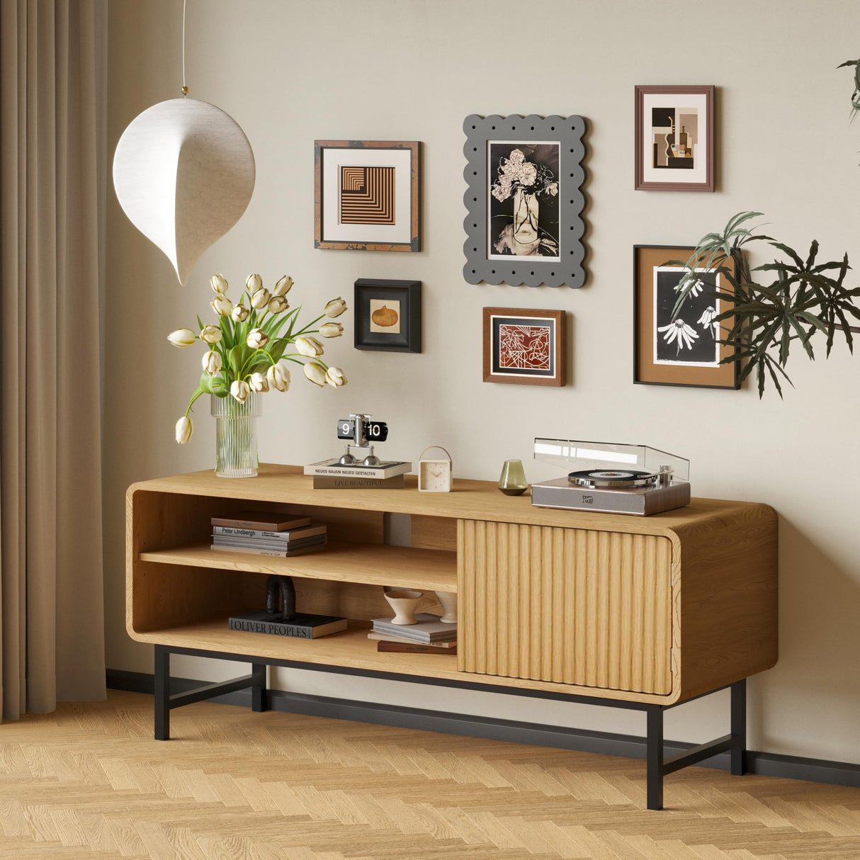 Gyger TV Stand,Mid Century Modern Entertainment Center with 2 Open Shelves,Farmhouse TV Media Console Table for Living Room,Bedroom,Television Stand up to 50 Inches,Yellow Oak Gyger