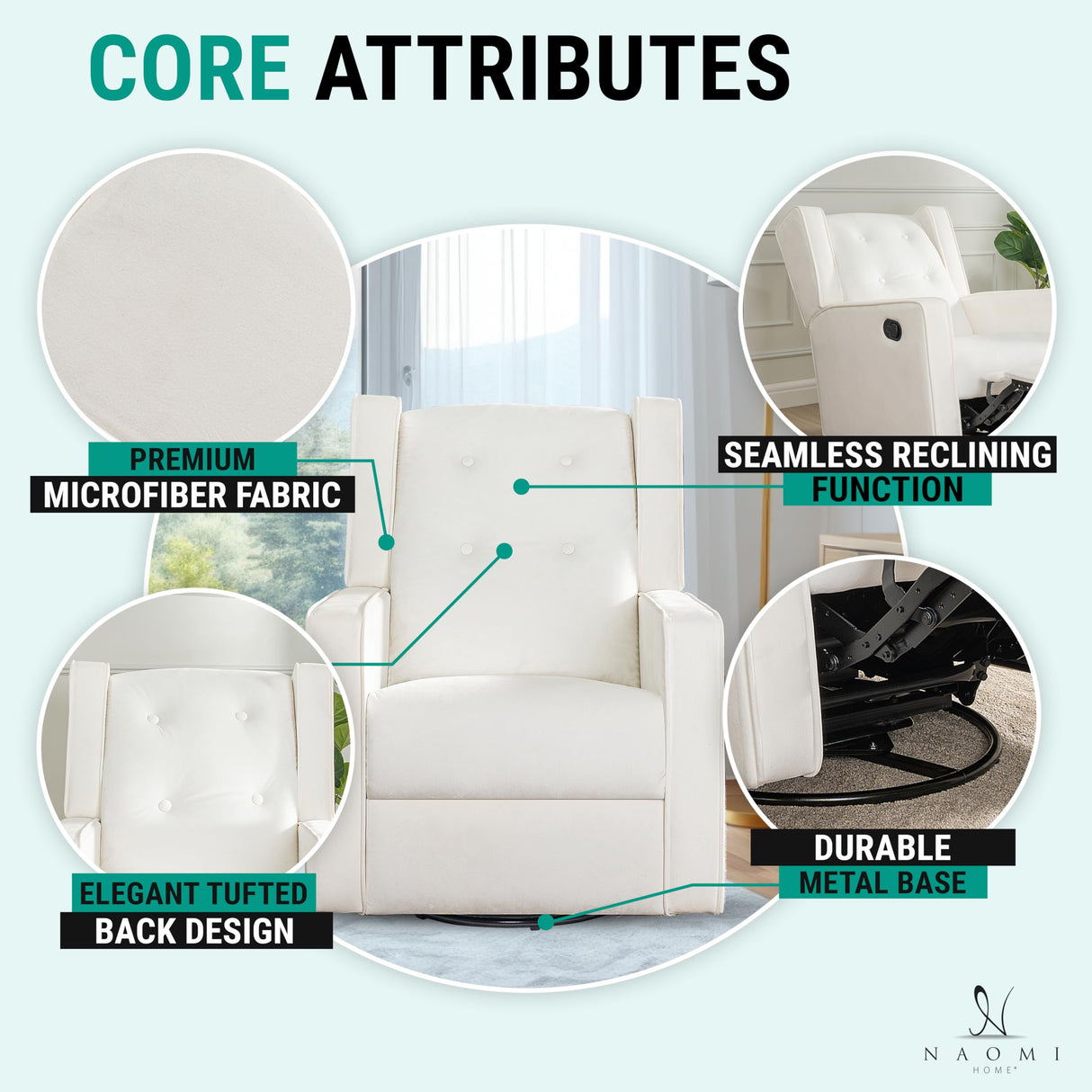 Naomi Home Bond with Your Baby Relax in Style with Odelia 360 Swivel Glider Rocker Recliner Nursery Breastfeeding Maternity Chair Plush Cushioning Soothing Rocking Motion Microfiber - Bright White Naomi Home
