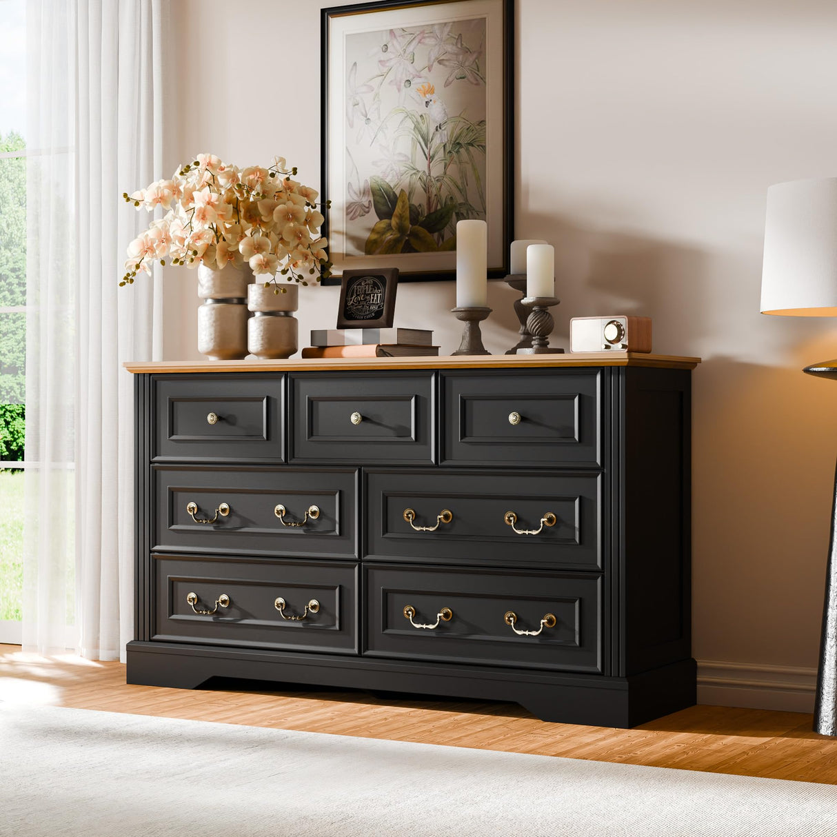 Cozy Castle 7 Drawer Dresser, Farmhouse Chest of Drawers for Bedroom, 54" Wide Dresser with Retro Metal Handles, Wood Drawer Organizer TV Stand for Living Room, Hallway (Black) Cozy Castle