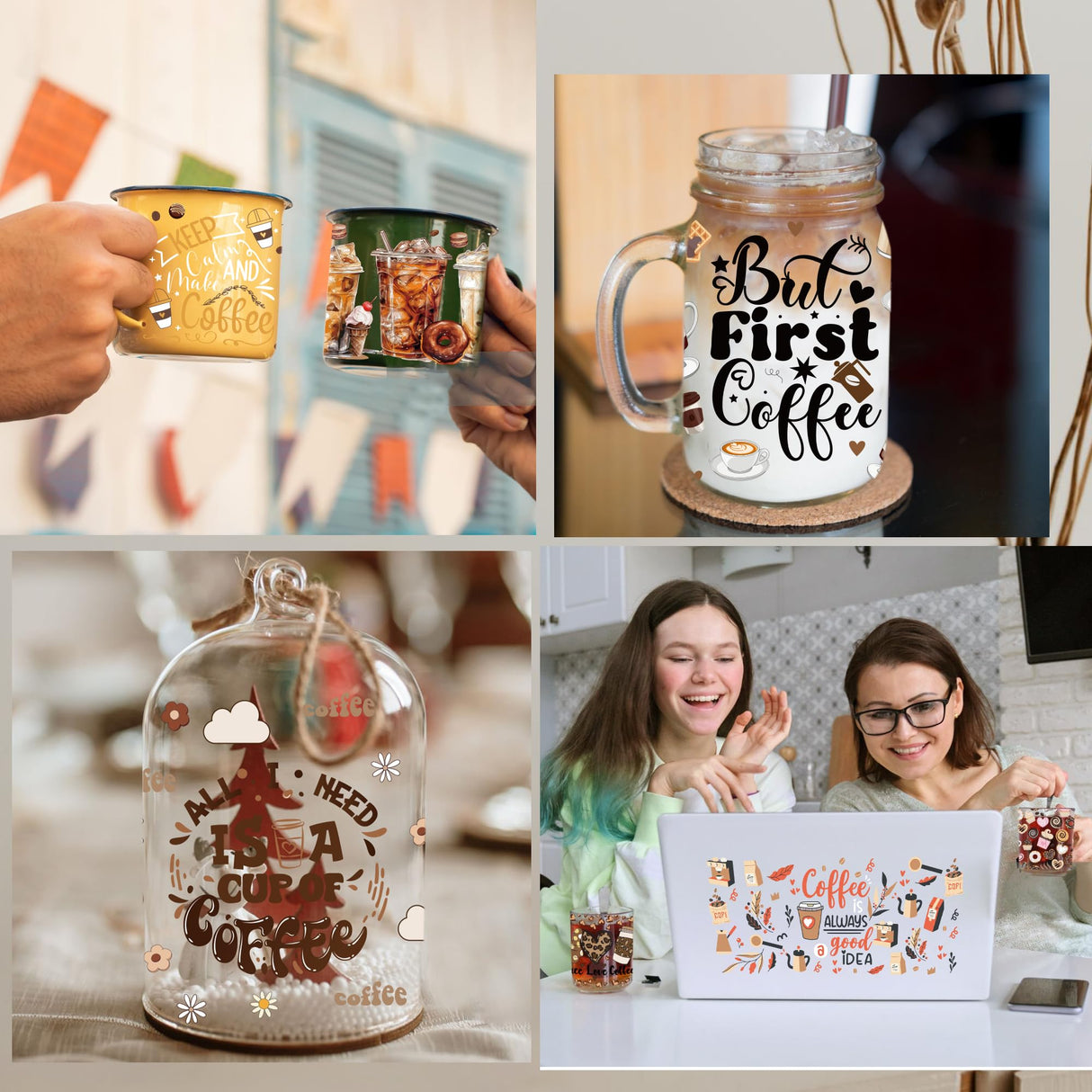 UV DTF Cup Wraps Transfer - 8 Sheets Coffee UV DTF Transfer Sticker for 16 OZ Glass, Coffee Dessert Love Icecream Bread Design, Ready to Press, Waterproof DIY Crafts CRASHOT