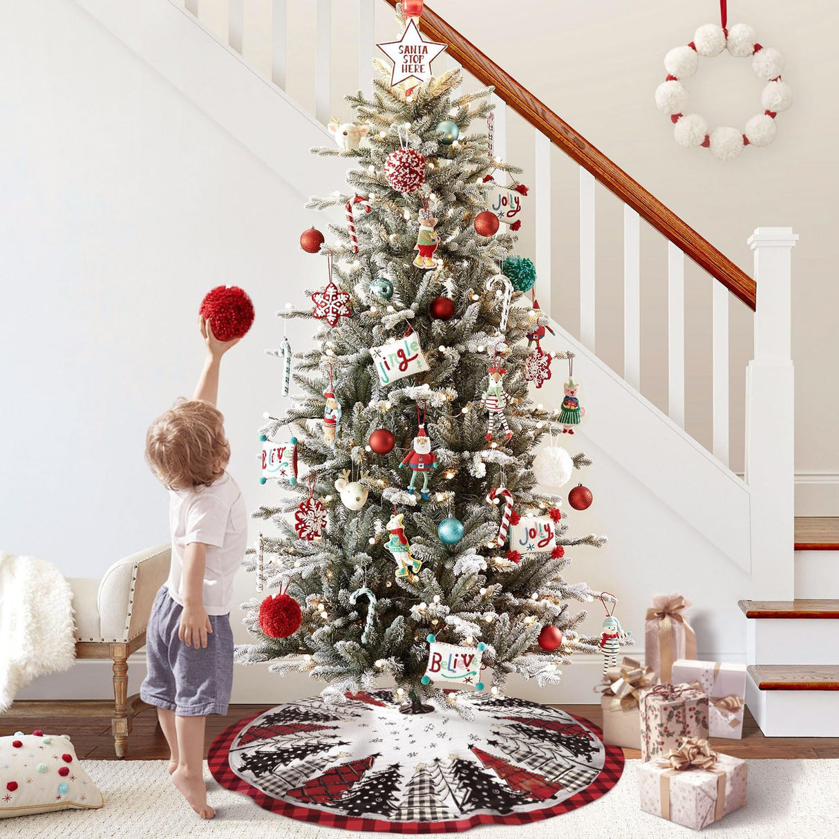 DISENB Christmas Tree Skirt 48 Inch, Red and Black Buffalo Plaid Xmas Tree Skirt, Winter Christmas Tree Mat for Home Party Holiday Indoor Outdoor Decorations DISENB