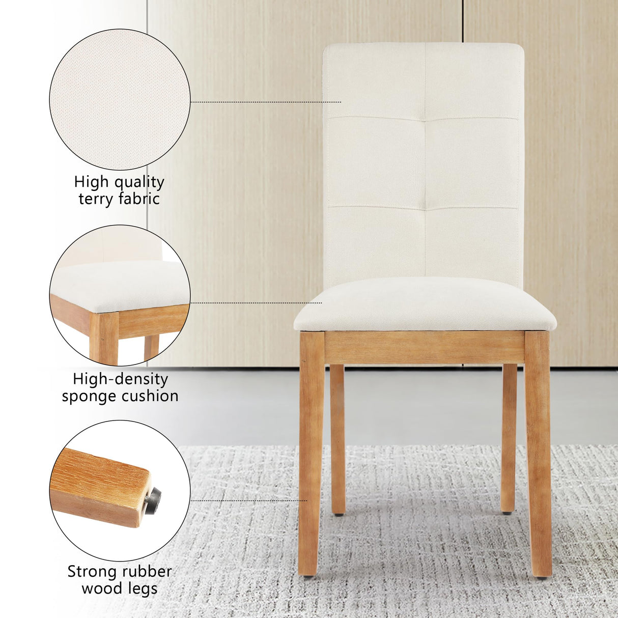 DAGONHIL Dining Chairs Set of 4, Modern Upholstered Fabric Dining Room Chairs, Armless Kitchen Chairs with Wood Legs and Padded Seat for Living Room, Bedroom, Kitchen (Beige) DAGONHIL