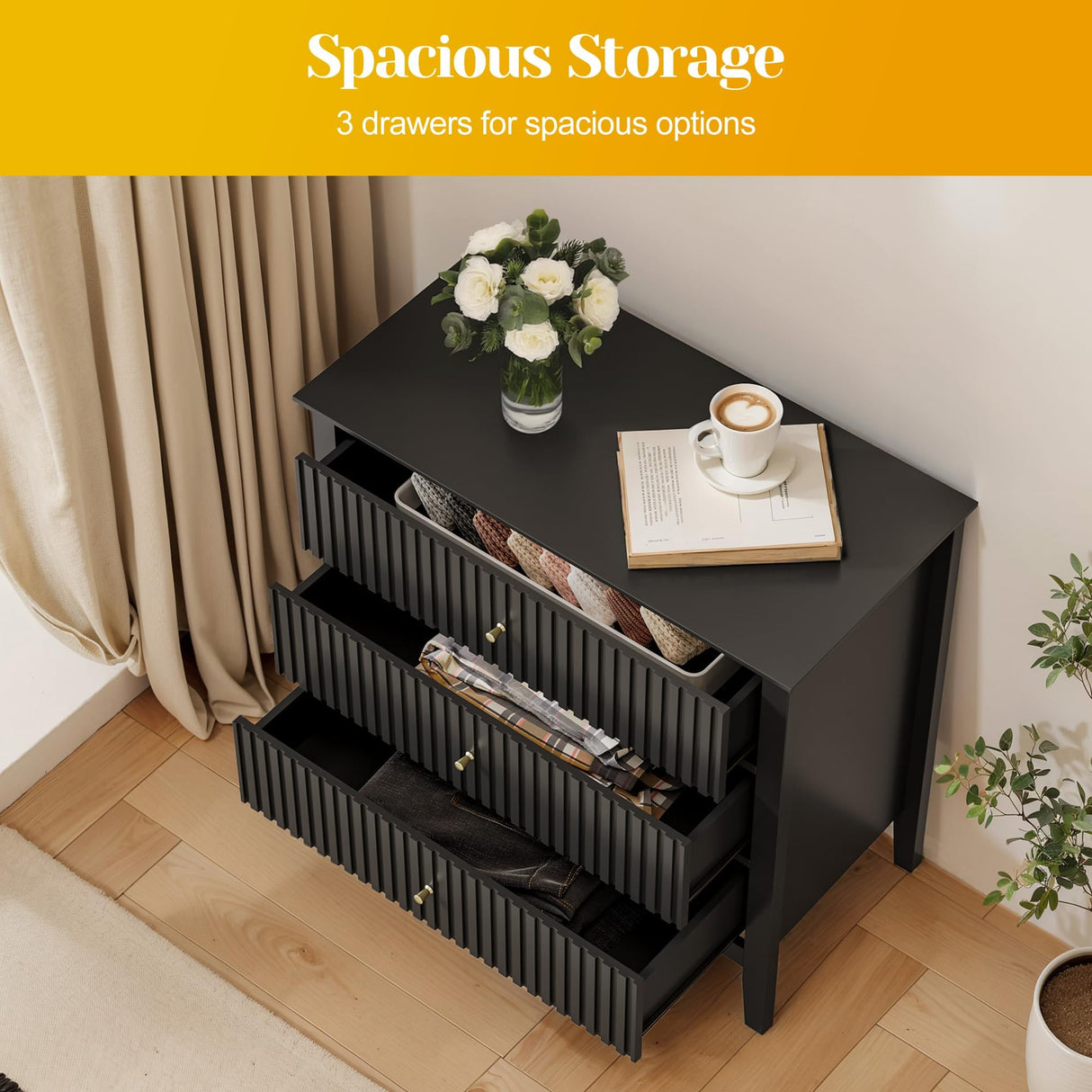 May in Color Large Black Fluted 3 Drawer Dresser Set of 2, Chest of Drawers with Ball Bearing Slide Modern 30 inch Tall Wood Nightstand with Spacious Storage for Bedroom Hallway Living Room Entryway May in Color