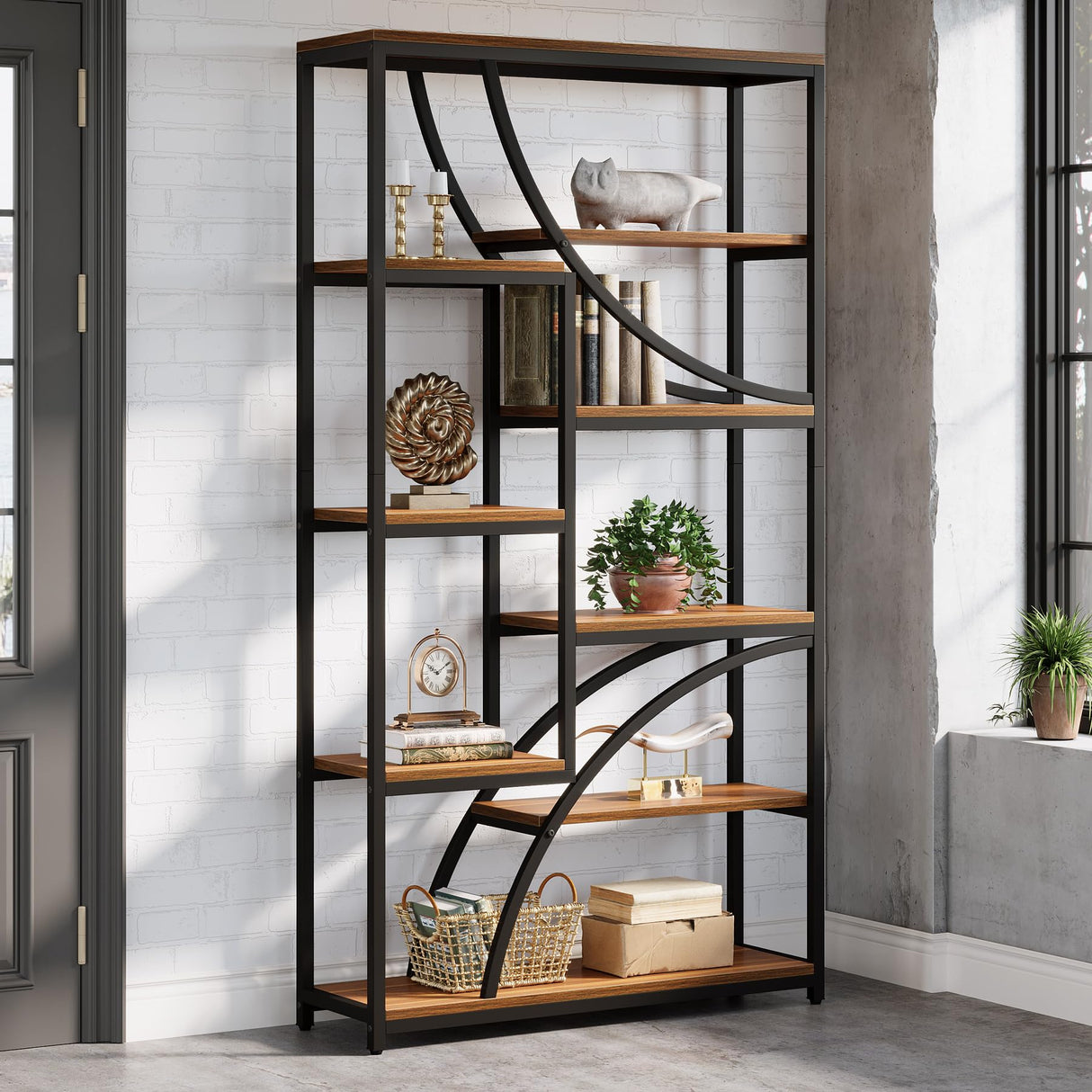 Tribesigns 70.87'' Tall Bookshelf, 9-Tier Industrial Etagere Bookcase, Large Geometric Bookshelves with Open Shelf, Wood & Metal Freestanding Display Shelf for Living Room, Brown & Black Tribesigns