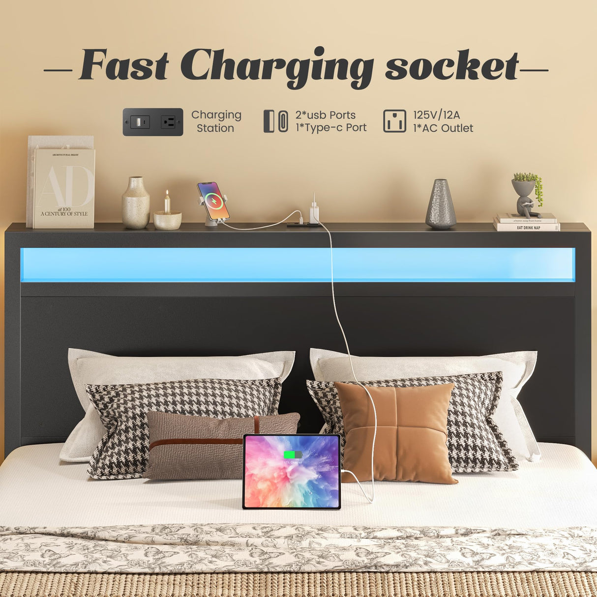 Fluest Queen Bed Frame with Headboard & Footboard, Bed Frame with Built-in Charging Station & LED Light, Storage Shelf, Noise-Free, No Box Spring Needed, Easy Assembly, Classic Black Fluest