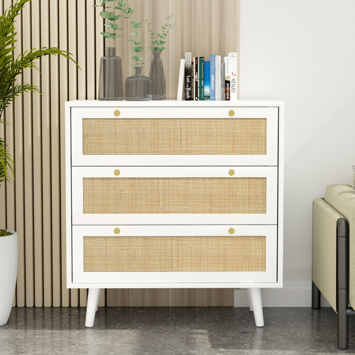 Anmytek Dresser for Bedroom with 3 Drawers, Modern Wood 3 Drawer Dresser, White Chest of Drawer with Spacious Storage Rattan Dresser for Bedroom Living Room H0072 Anmytek