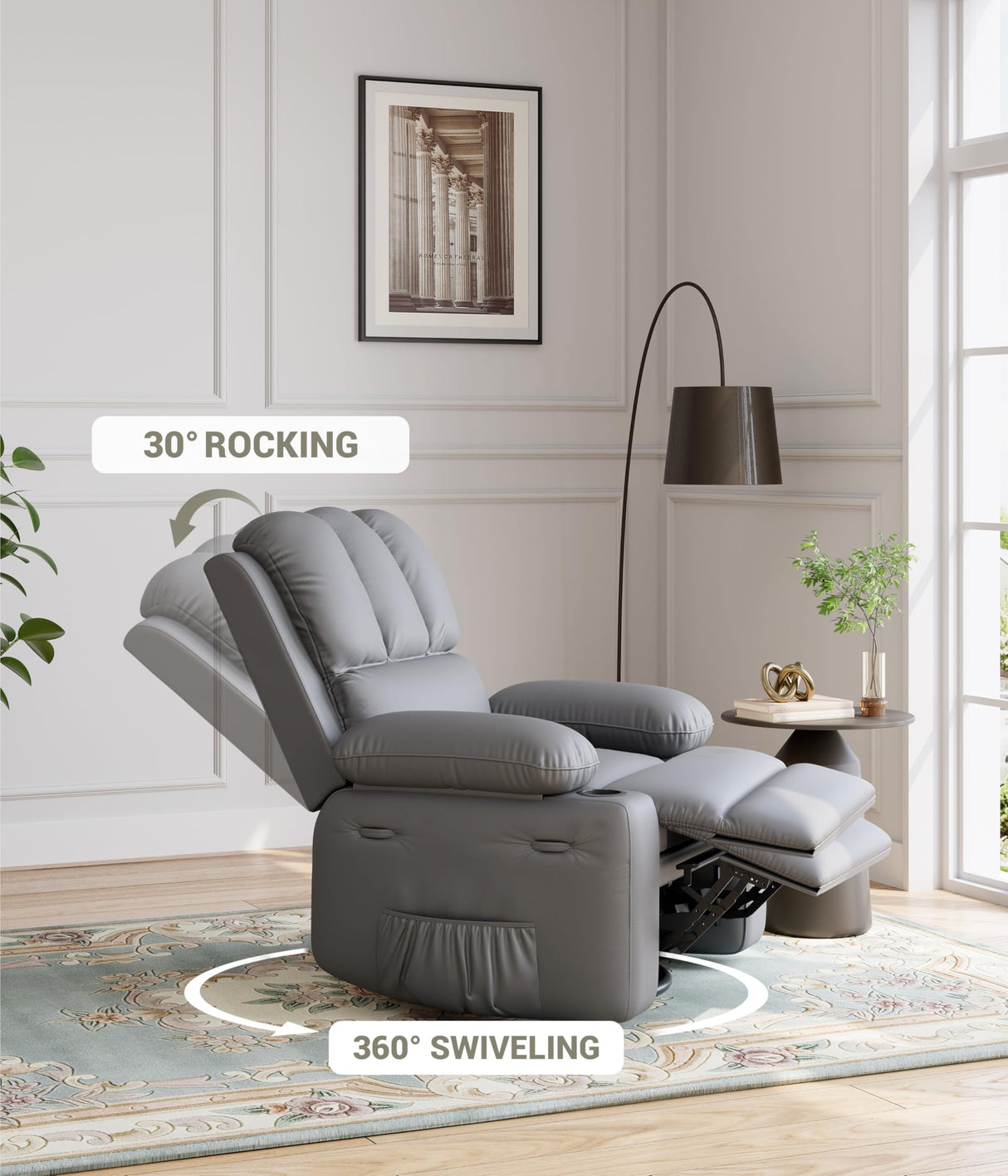 GarveeHome Oversized Recliner Chairs with 1.5X Sponge Filling, 360° Swivel Lazy Recliner Chair for Adults, Manual Rocking Chair with Cup Holder for Living Rooms, Bedrooms, and Nurseries GarveeHome