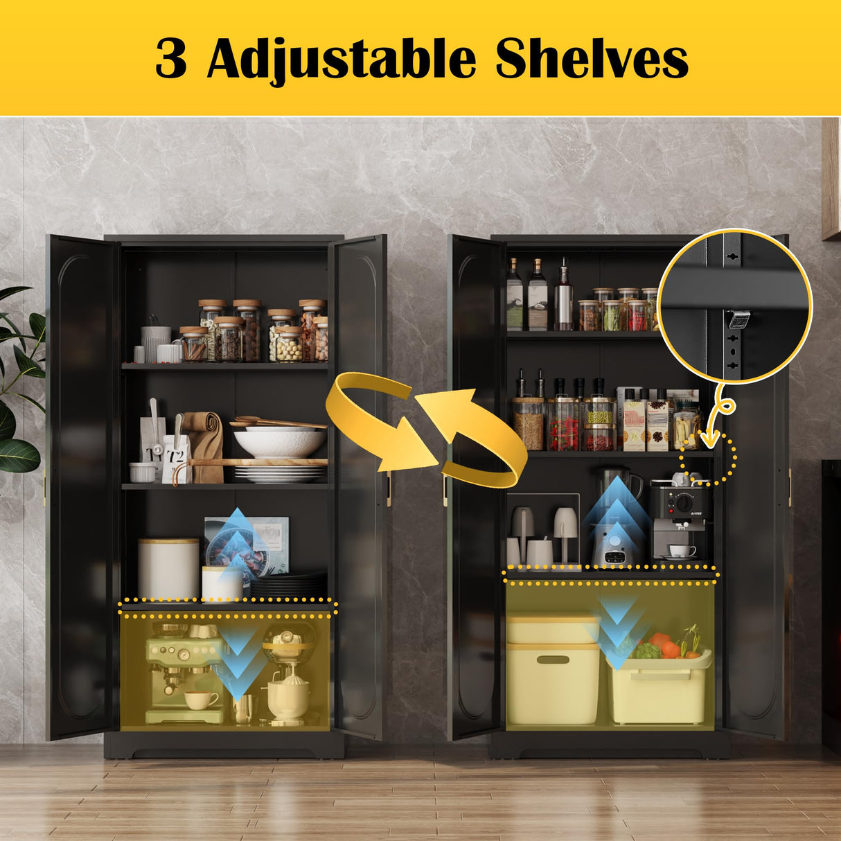 SteeLoong Metal Kitchen Storage Cabinets,60”Pantry Cabinet with Doors and 4 Adjustable Shelves,Tall Black Cabinet for Pantry, Laundry Room,Living Room,Dinning Room SteeLoong