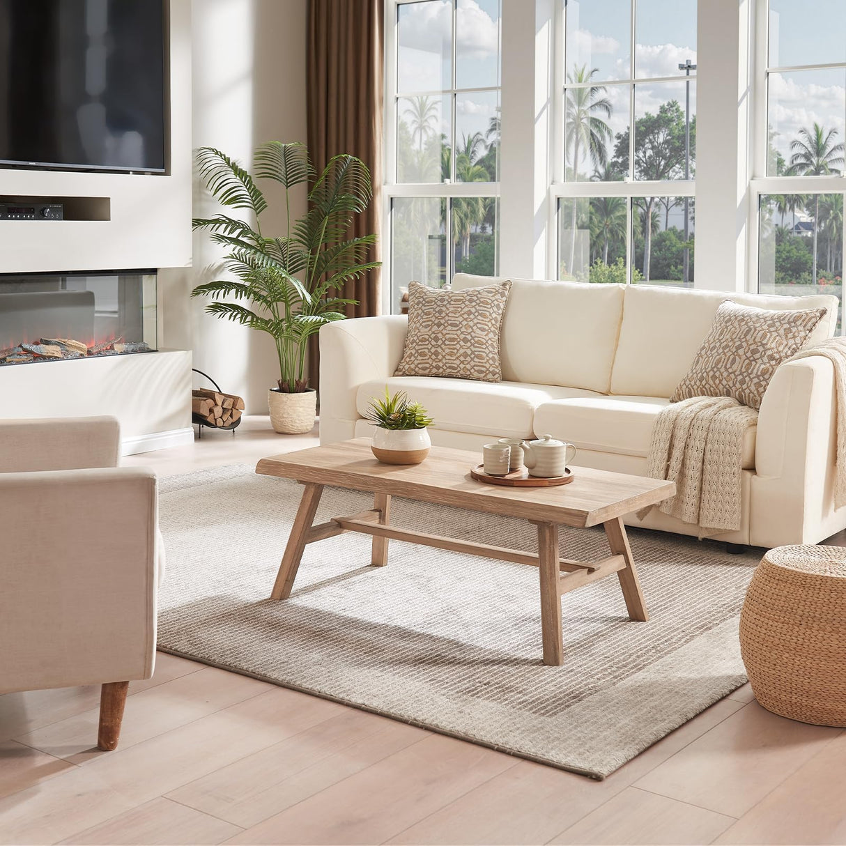 Wnutrees 43" Farmhouse Solid Wood Coffee Table, Rustic Rectangular Center Table for Living Room, Natural Wnutrees