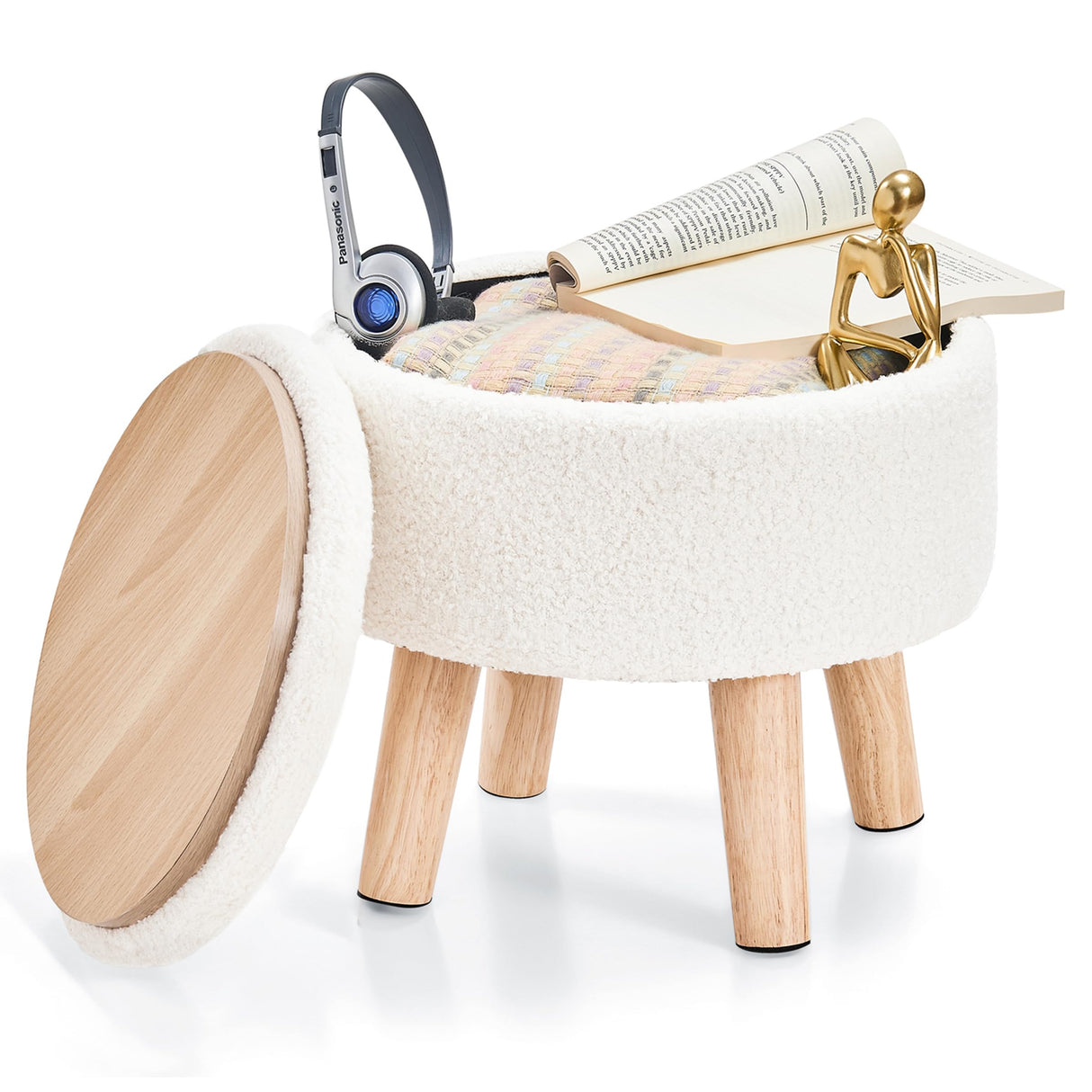 Poofzy Small Ottoman with Storage, Small Foot Stool Ottoman with Wood Legs, Sherpa Foot Rest for Couch, Living Room and Bedroom - White Poofzy