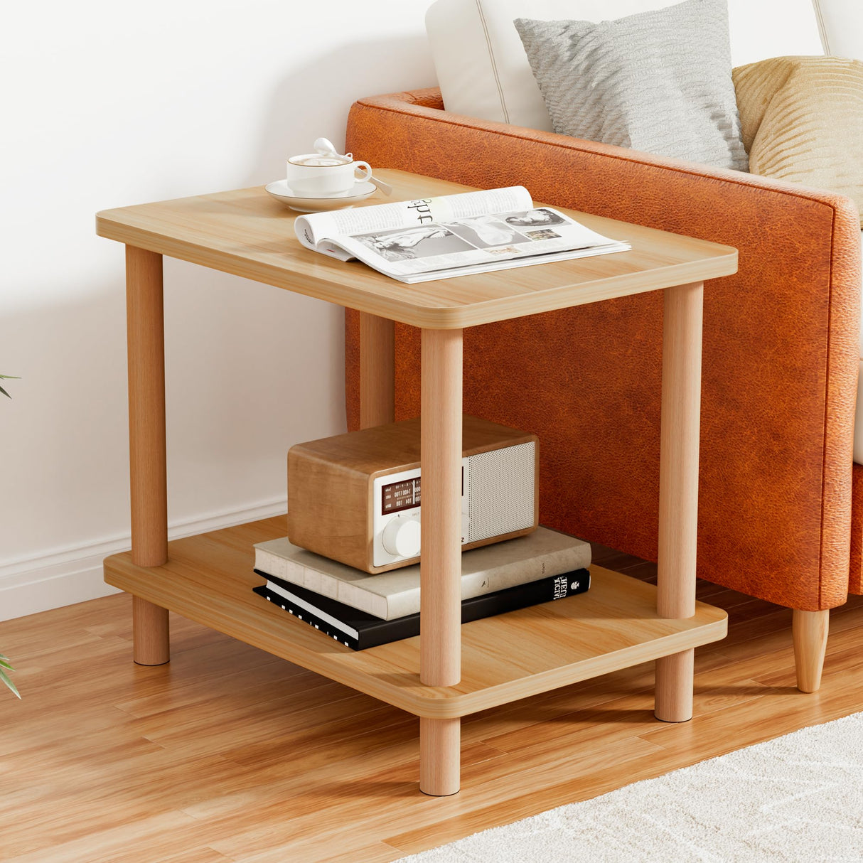 2 Tier End Table Low Table with Solid Wood Legs, Small Coffee Table Side Table, Boho Bedside Table with Storage Shelf, Nightstand for Small Spaces, Bedroom, Living Room, Entryway, Farmhouse, Natural