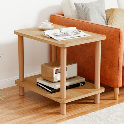 2 Tier End Table Low Table with Solid Wood Legs, Small Coffee Table Side Table, Boho Bedside Table with Storage Shelf, Nightstand for Small Spaces, Bedroom, Living Room, Entryway, Farmhouse, Natural