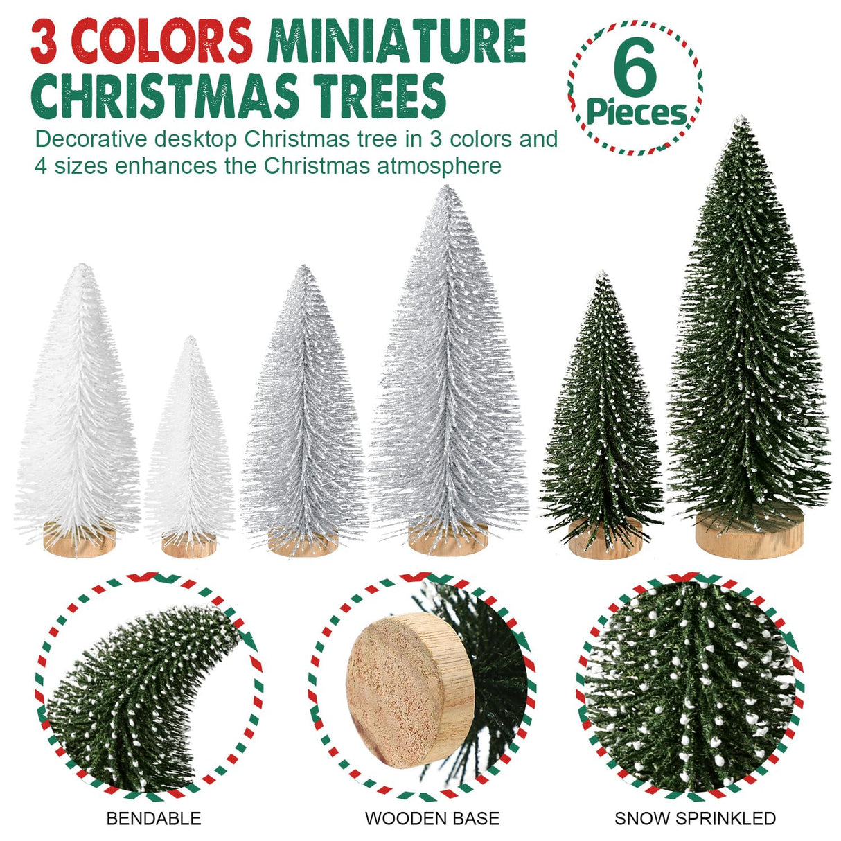 6pcs Mini Christmas Trees Christmas Decor, Artificial Christmas Mini Bottle Brush Trees Tabletop, Christmas Decoration Trees with 4 Size Xmas Holiday Decor (6pcs Green+Silver+White) KPX