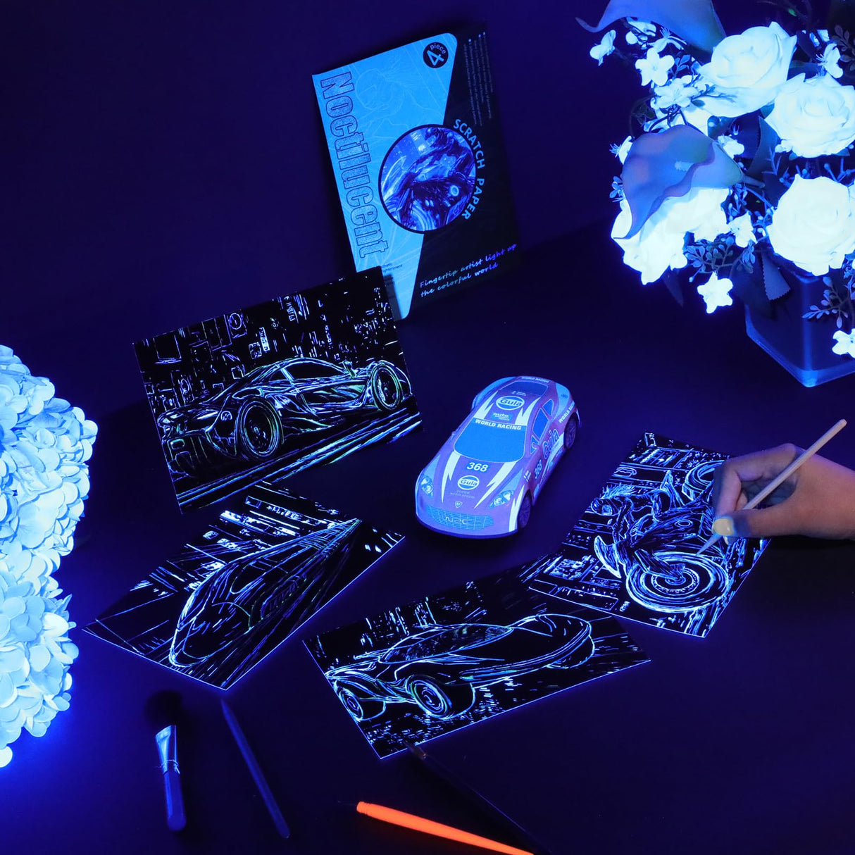 Gersoniel 4pcs Scratch Art Adult Scratch Painting Kits Glow in The Dark Rainbow Painting Paper with Pen & Cleaning Brush Noctilucent Scratchboard for Adults Gift, Racing Theme, Back to School Gifts Gersoniel