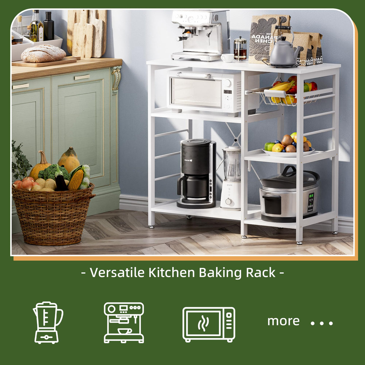 vovala Baker’s Rack, Microwave Oven Stand with Bamboo Frame, 35.43" Coffee Bar with Wire Basket & 6 Hooks, 3-Tier Kitchen Storage Shelf Stand for Kitchen, Living Room, Office, White vovala