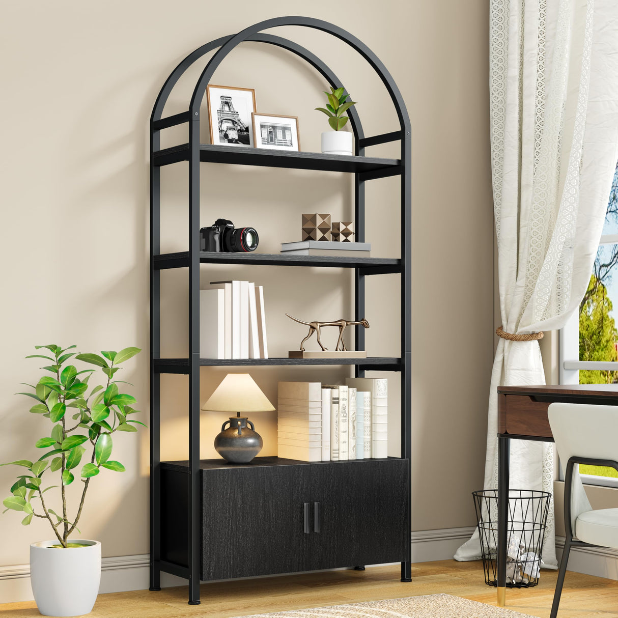 Semoic Arched Bookshelf with Drawers, 71" Tall Industrial Bookcase with Sturdy Metal Frame, Freestanding Display Shelving Unit, Geometric Book Shelf for Lving Room, Home Office, Black Semoic