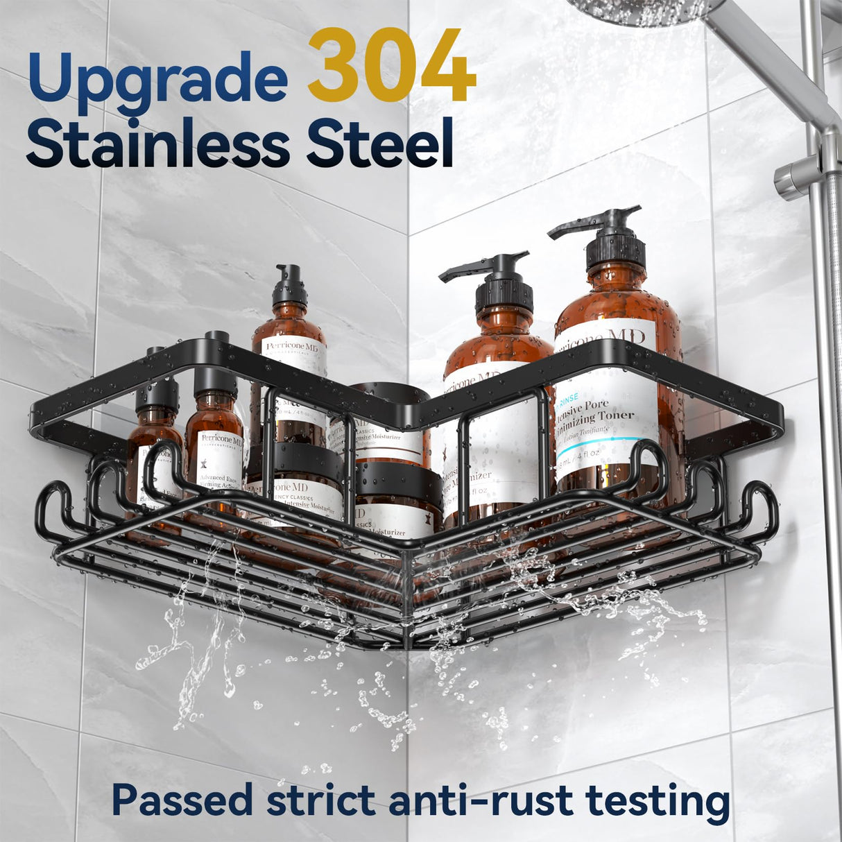 YASONIC Corner Adhesive Shower Caddy, with Soap Holder and 12 Hooks, Rustproof Stainless Steel Bathroom Organizer, No Drilling Wall Mounted Rack, Black, 3-Pack YASONIC