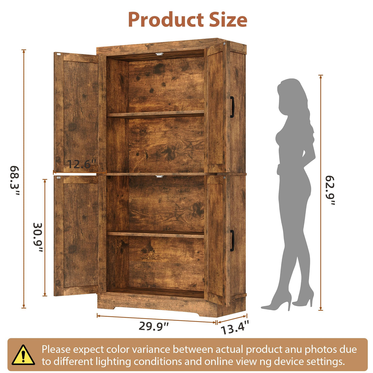 Jocoevol Pantry Cabinet, 68'' Kitchen Pantry Storage Cabinet with 4 Doors and Adjustable Shelves, Farmhouse Tall Food Large Wood Pantry Storage Furniture for Kitchen Dining Room, Brown Jocoevol