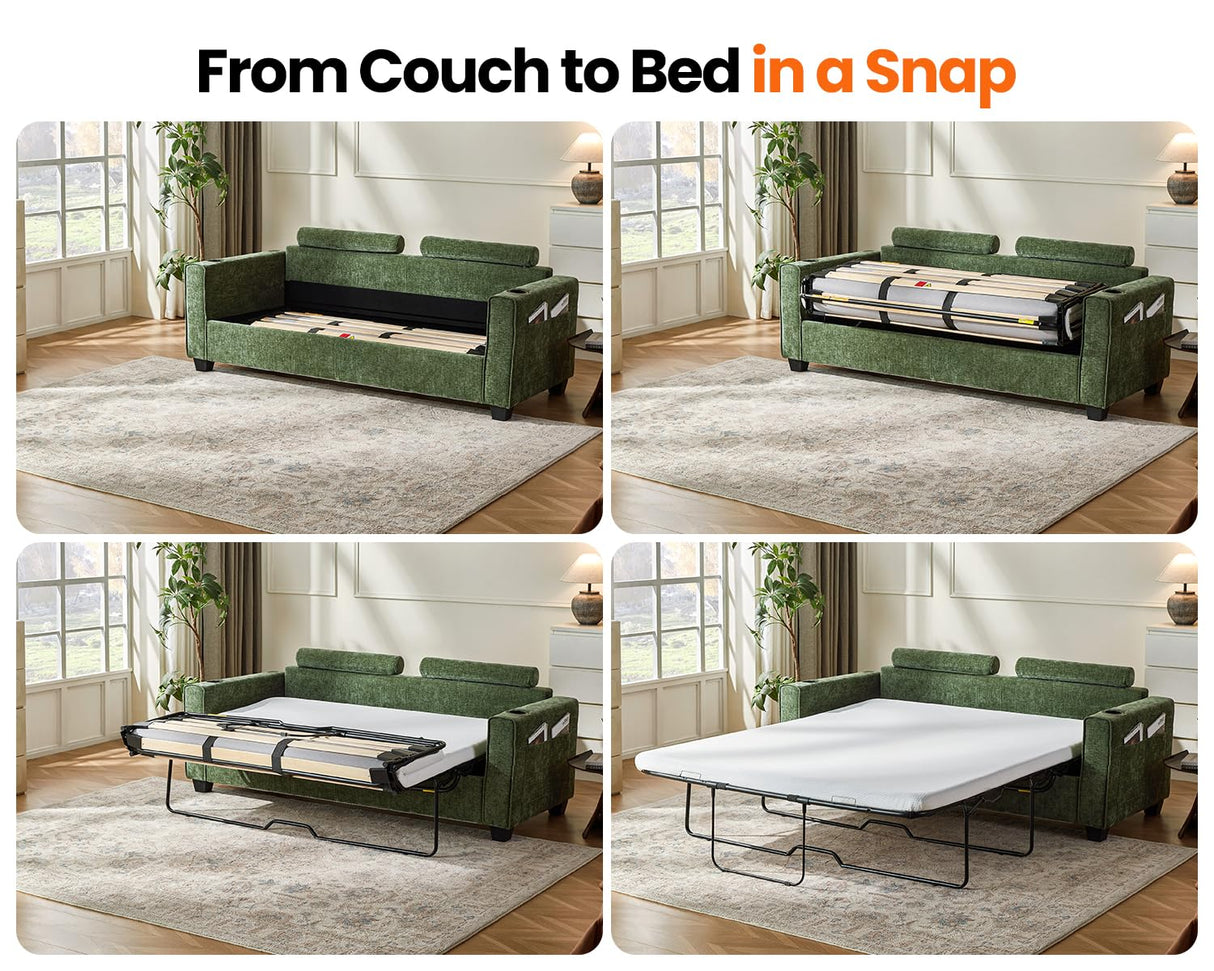 CHIC HOUSE 2-in-1 Pull-Out Sofa Bed, Convertible Chenille Sofa with 20W Fast Charging, LED Light, Foam Couch Layered Cushion Trim, Full/Queen RV Sleeper Sofa, Living Room, Apartment Small Space CHIC HOUSE