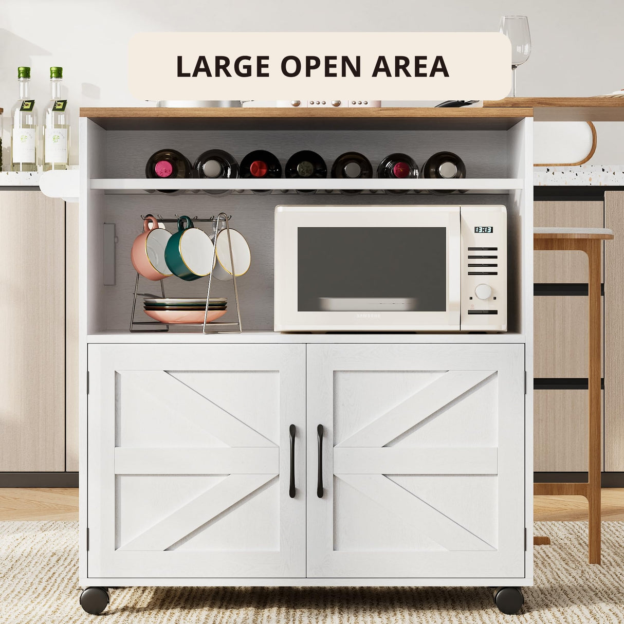 IRONCK Kitchen Island with Storage and Power Outlet, Rolling Kitchen Island on Wheels with Extendable Dining Table, Kitchen Cart with Wine Rack and 3 Open Shelves, White IRONCK