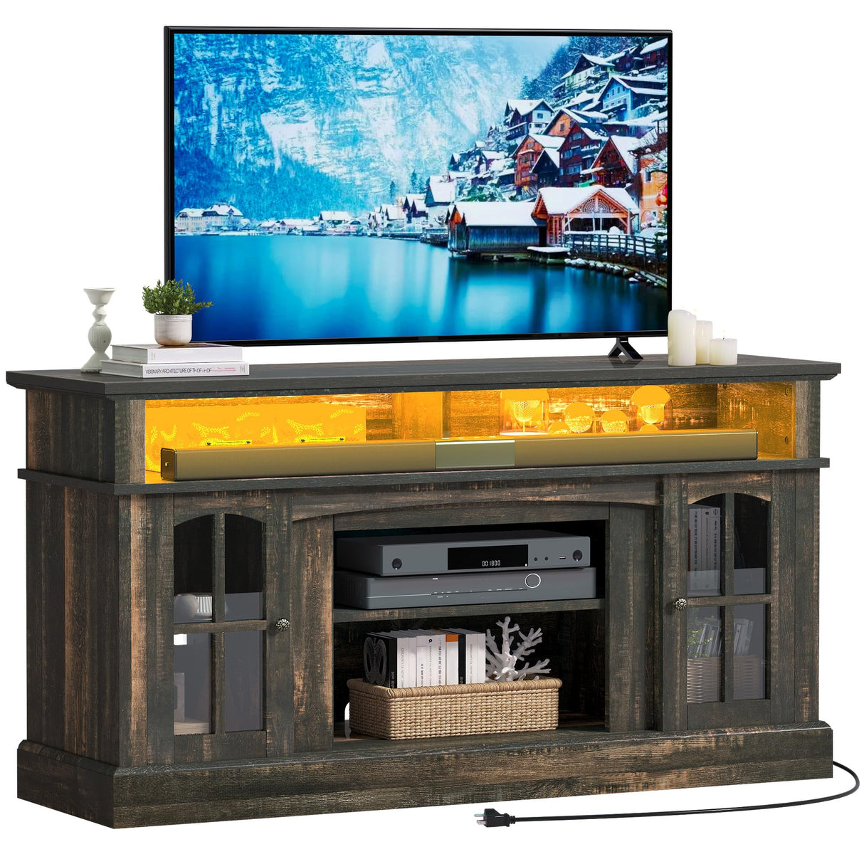 YITAHOME LED Farmhouse TV Stand for 65 Inch w/Outlets, Modern Entertainment Center with Glass Doors and Adjustable Storage Shelves, Media Console TV Cabinet for for Living Room, Dark Rustic Oak YITAHOME