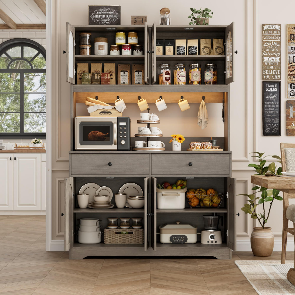 HIFIT 71" LED Kitchen Pantry Cabinet with Power Outlet, Large Kitchen Hutch Storage Cabinet with Arched Door, Shelves, 2 Drawer, Tall Farmhouse Coffee Bar w/Hutch for Home Dining Living Room, Ash Grey HIFIT