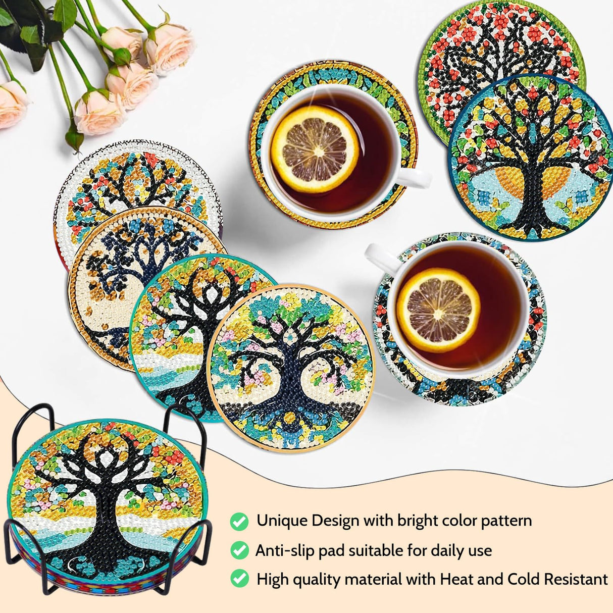 8 PCS Diamond Art Coasters Kits, Tree of Life Diamond Painting Coasters with Holder Set of 8, DIY Diamond Art Painting for Home Decor Birthday Housewarming Gifts 3.9inch Aestalrcus