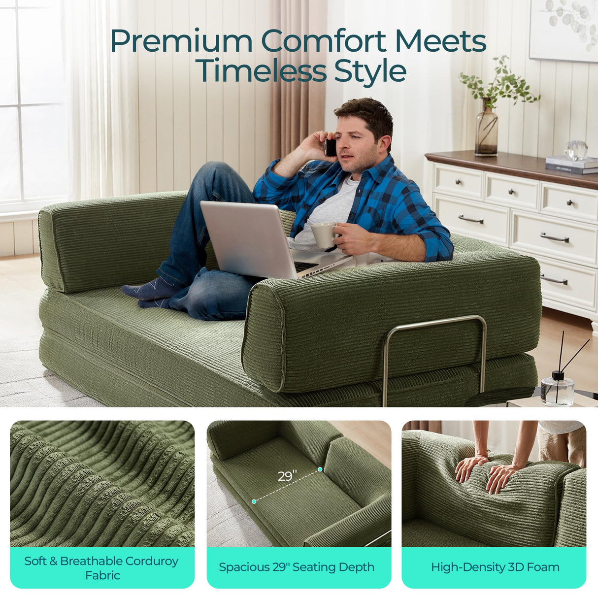 LINSY HOME 79'' Convertible Sofa Bed - Boneless Compression Sofa Folding Loveseat Sleeper - Foldable Corduroy Couch Bed for Living Room Bedroom - Modular Sectional Compressed Sofa in Box, Green LINSY HOME