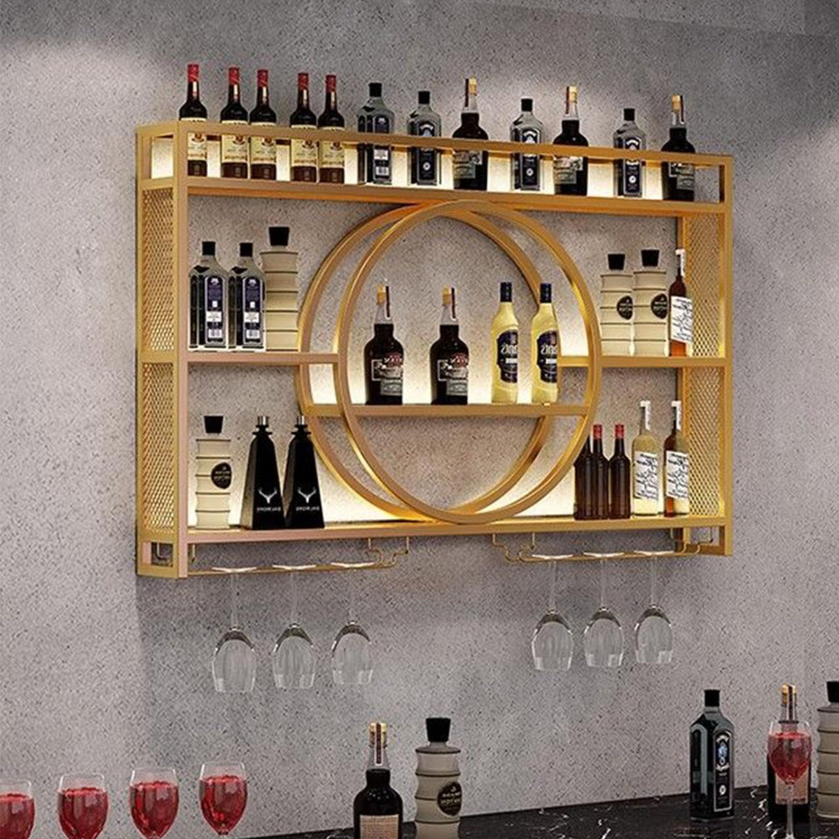 Wine Rack Wall Mounted with Wine Glass Rack Floating Bar Shelves for Liquor Bottles with LED Light Liquor Bottle Display Shelf Wall Bar Cabinet Mini Bar for Home Bar Dining Room Kitchen Living Room(Go WXZXWXZX